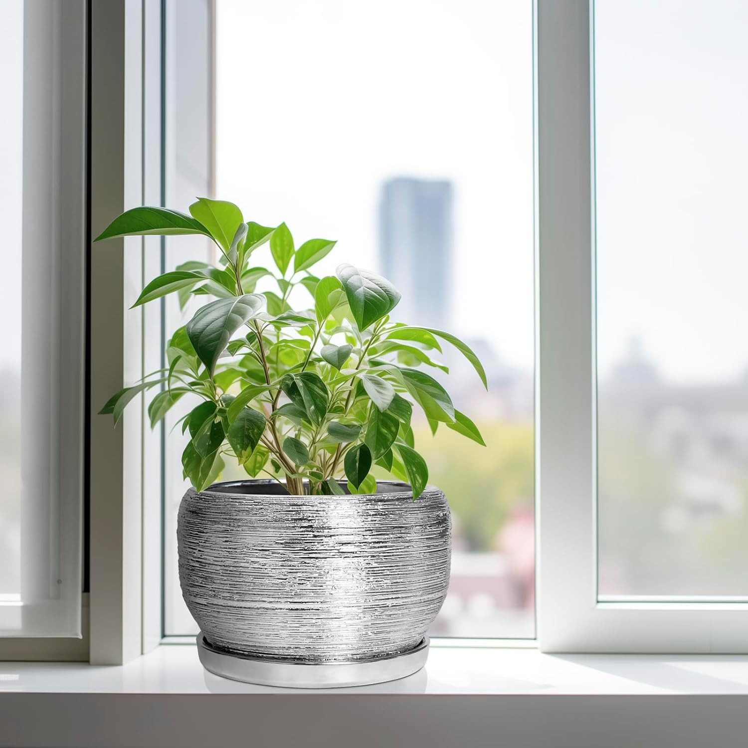 SQOWL Ceramic Pot for Plants - 10 Inch Planter Indoor, Round Large Planter Outdoor with Drainage Hole and Plant Saucer, Decorative Ceramic Flower Pot, Kitchen Decor, Housewarming Gifts, Silver