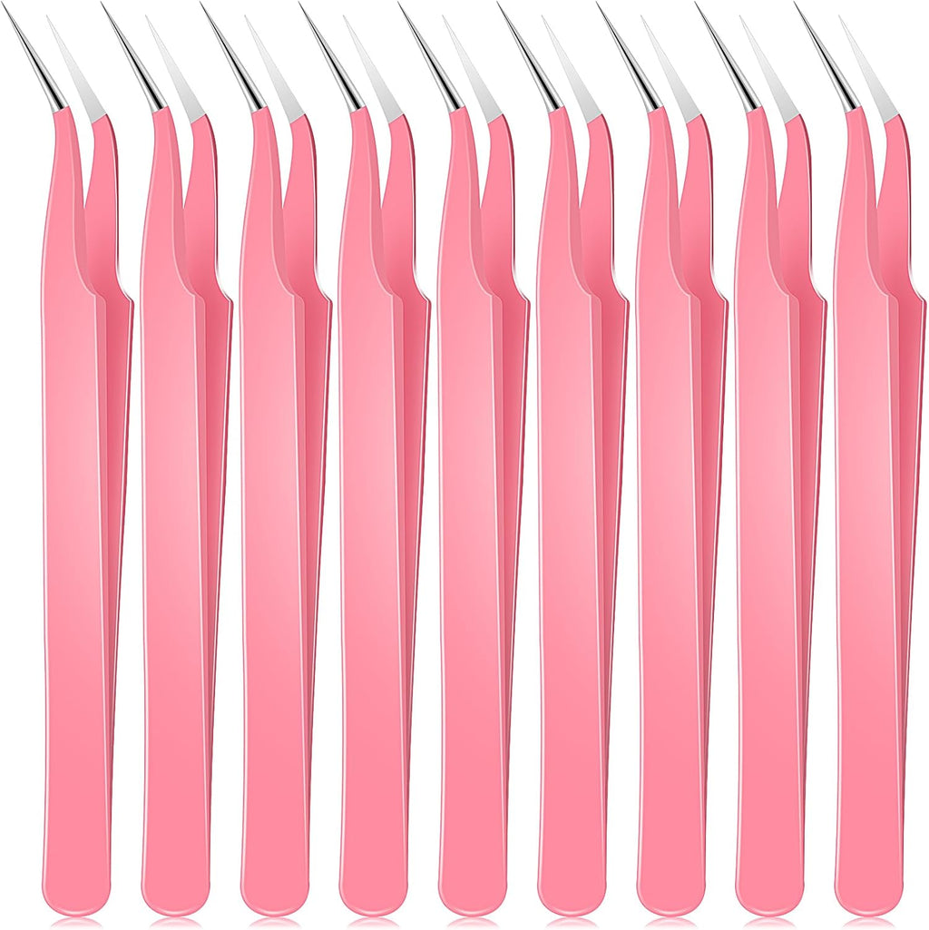 Honoson 9 Pieces Curved Pointed Craft Tweezers Stainless Steel Precision Tweezer with Protective Cover for Rhinestones Dried Flowers Craft Stickers Eyelash Extension Jewelry Making(Pink)