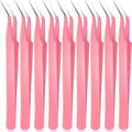 Honoson 9 Pieces Curved Pointed Craft Tweezers Stainless Steel Precision Tweezer with Protective Cover for Rhinestones Dried Flowers Craft Stickers Eyelash Extension Jewelry Making(Pink)