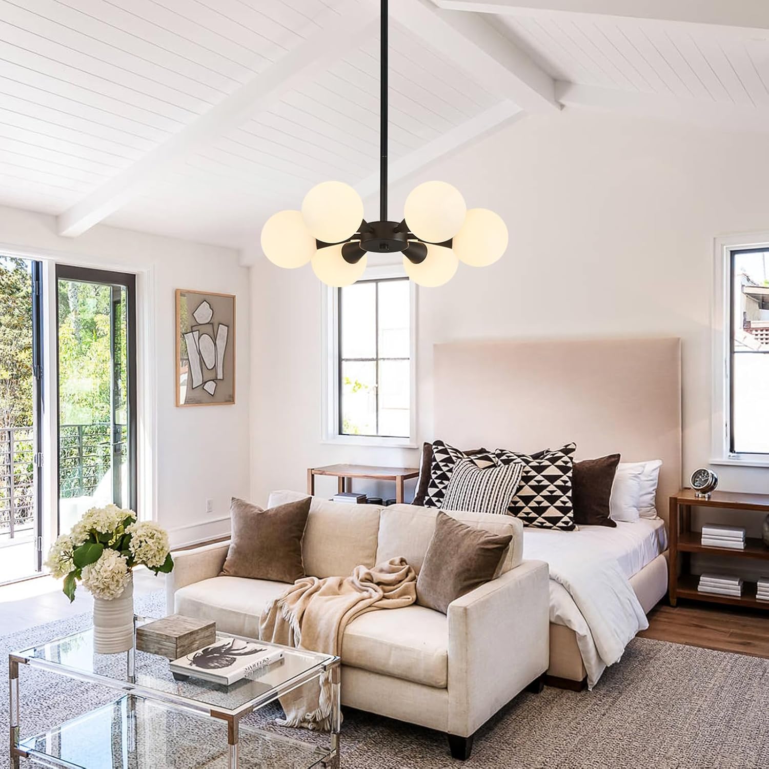 Modern Ceiling Light with Milk White Glass lampshade Black Semi Flush Mount Ceiling Light Fixture Sputnik Chandelier for Bedroom Living Room Dining Room Foyer Hallway(6-Lights)
