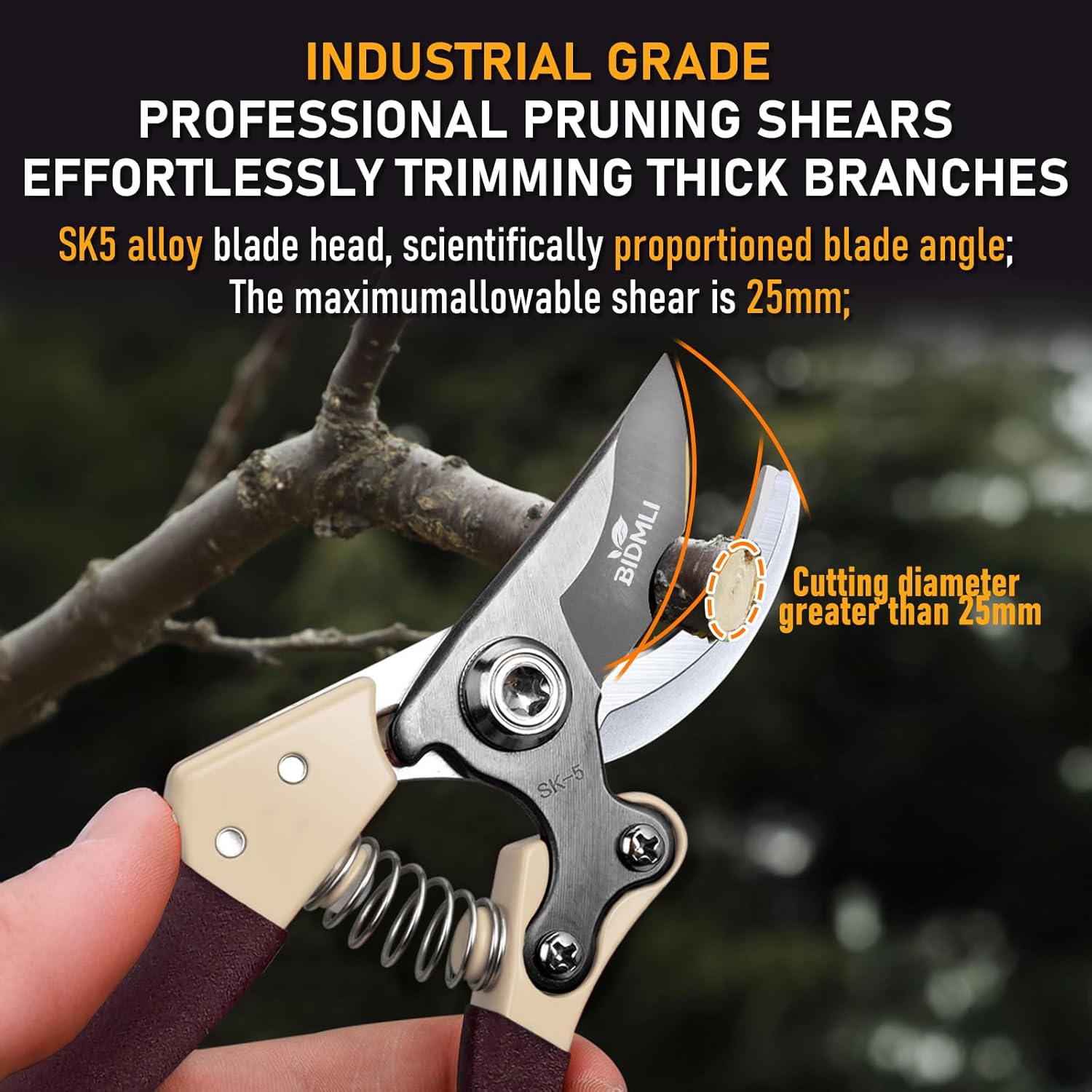 Heavy Duty Pruning Shears，Garden Scissors & Clippers with Red-BIDMLI 8.66" SK5 Steel Blades & Aluminum Alloy Handles, Tree Branch Cutter, Ideal for Thick Branches, Dry Twigs, Flower Pruning Tool.