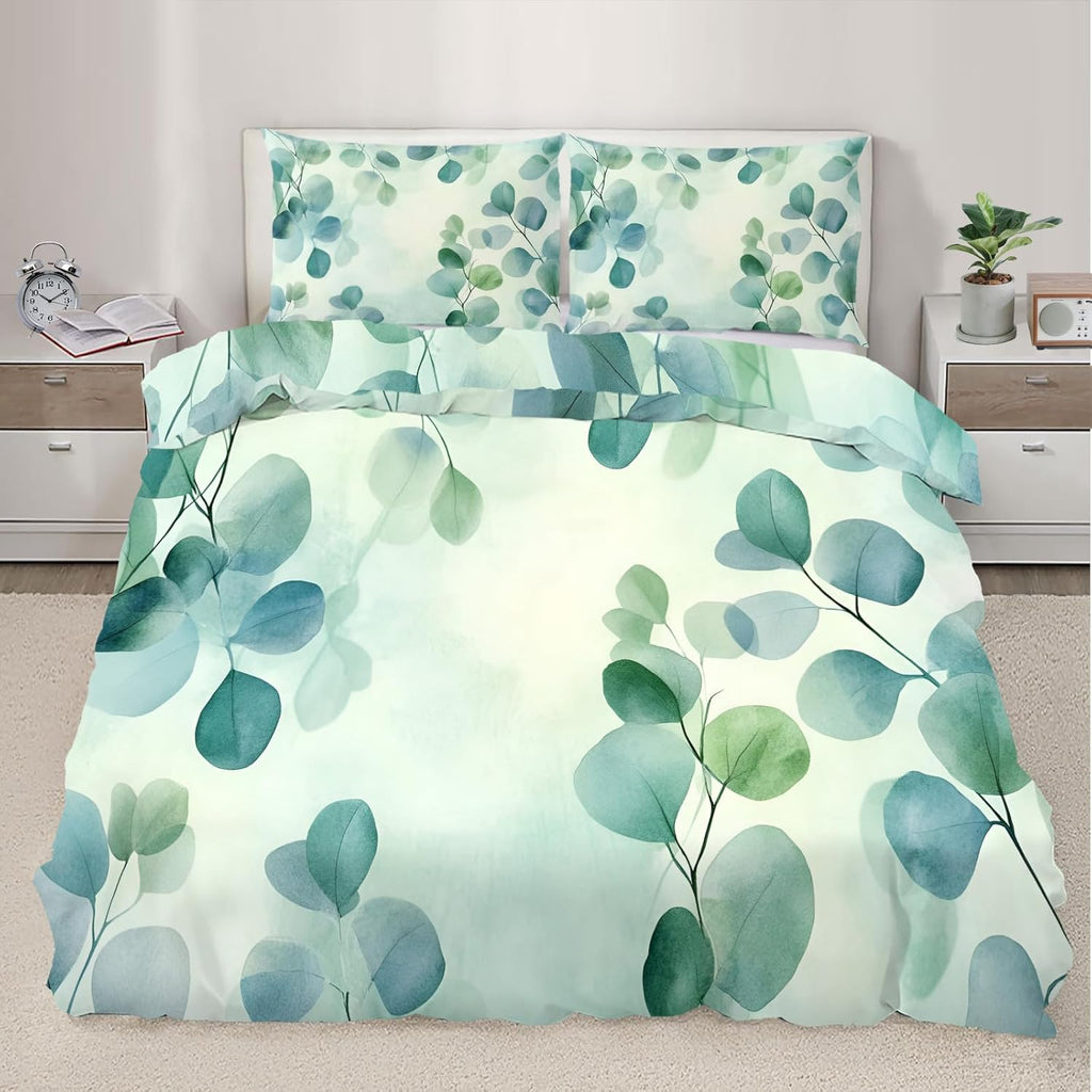 Eucalyptus Leaf Duvet Cover Oversized King, Teal Gradient Leaf Bedding Set 3 Piece Bedroom Decor Green Watercolor Comforter Cover with Zipper Ties & 2 Pillowcases