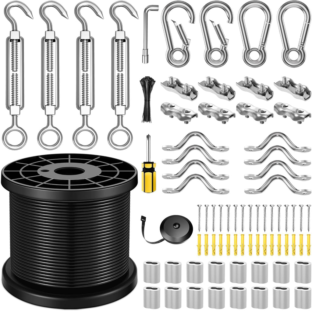 String Light Hanging Kit with 164FT Vinyl Coated Stainless Steel 304 Wire Rope Suspension Kit Included Enough Accessories with Turnbuckles and Hooks for Patio, Garden and Wedding Lighting