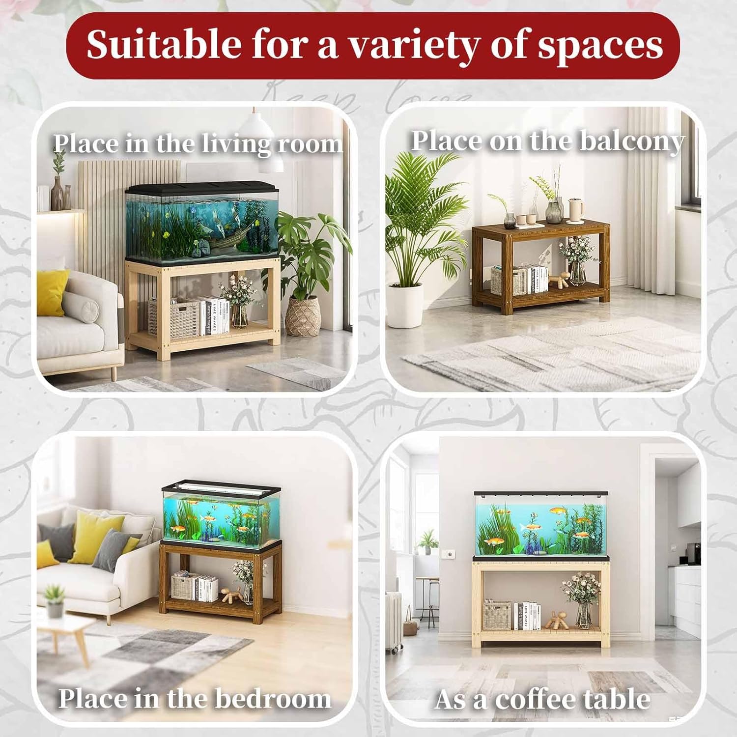FORRTY Solid Wood Aquarium Stand – Heavy Duty Wooden Fish Tank Stand With 2-Tier Storage | Natural Pine Reptile Tank Table | Indoor Plant Rack | Printer Table | Multi-Purpose Shelf | 30–150cm Width(Wo