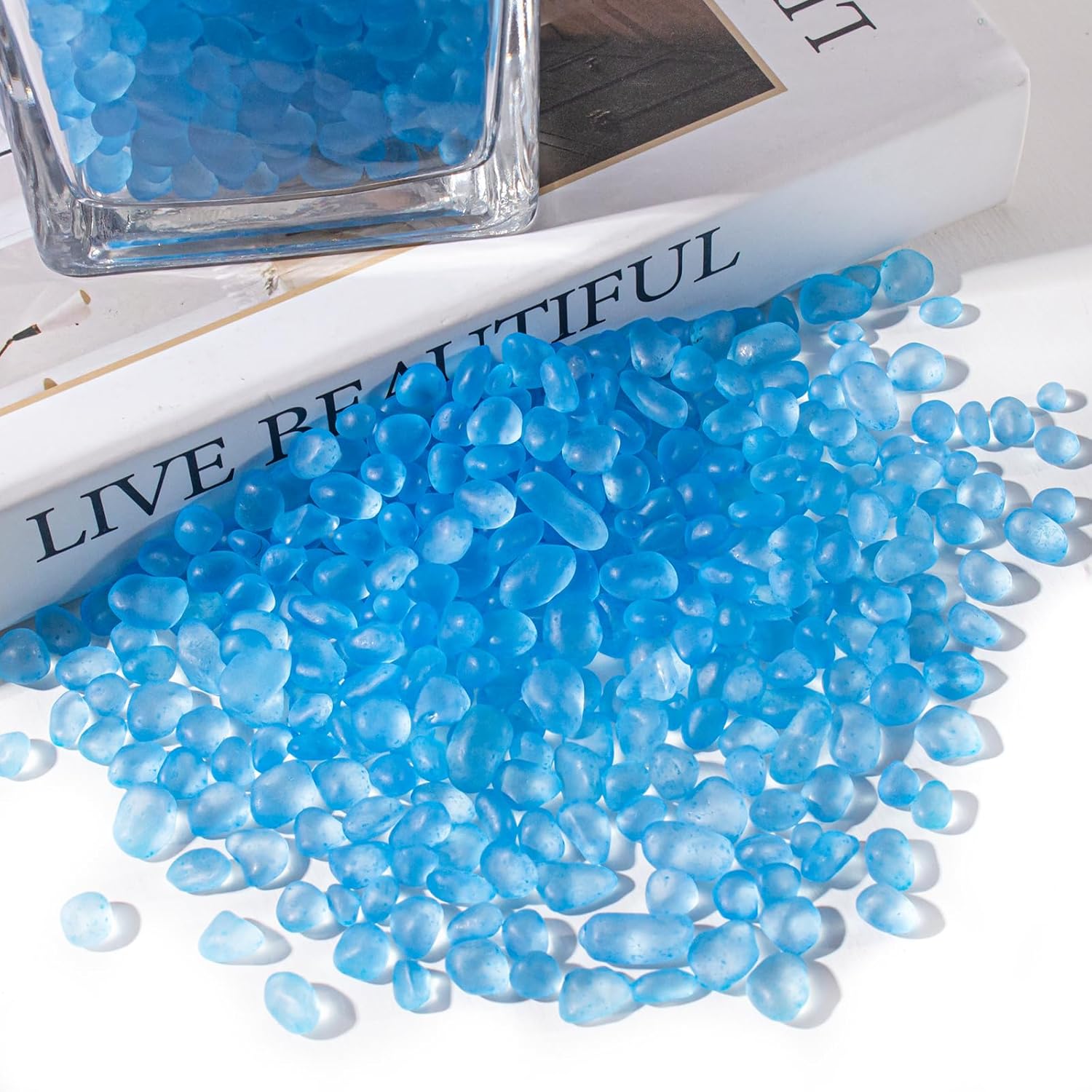 Keedolla 0.9 LB Sea Glass Stones Frosted Glass Pebbles Gemstones for Aquarium Rocks, Fish Tank Gravel, Vase Fillers, DIY Crafts - Sky Blue