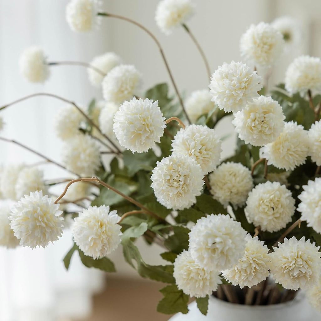 mizii 6Pcs White Fake Silk Pompon Mum Artificial Flowers Bulk Small Faux Chrysanthemums with Stems Realistic Floral Decorations for Wedding DIY Bouquet Centerpieces Shower Vase Home Decor (White)