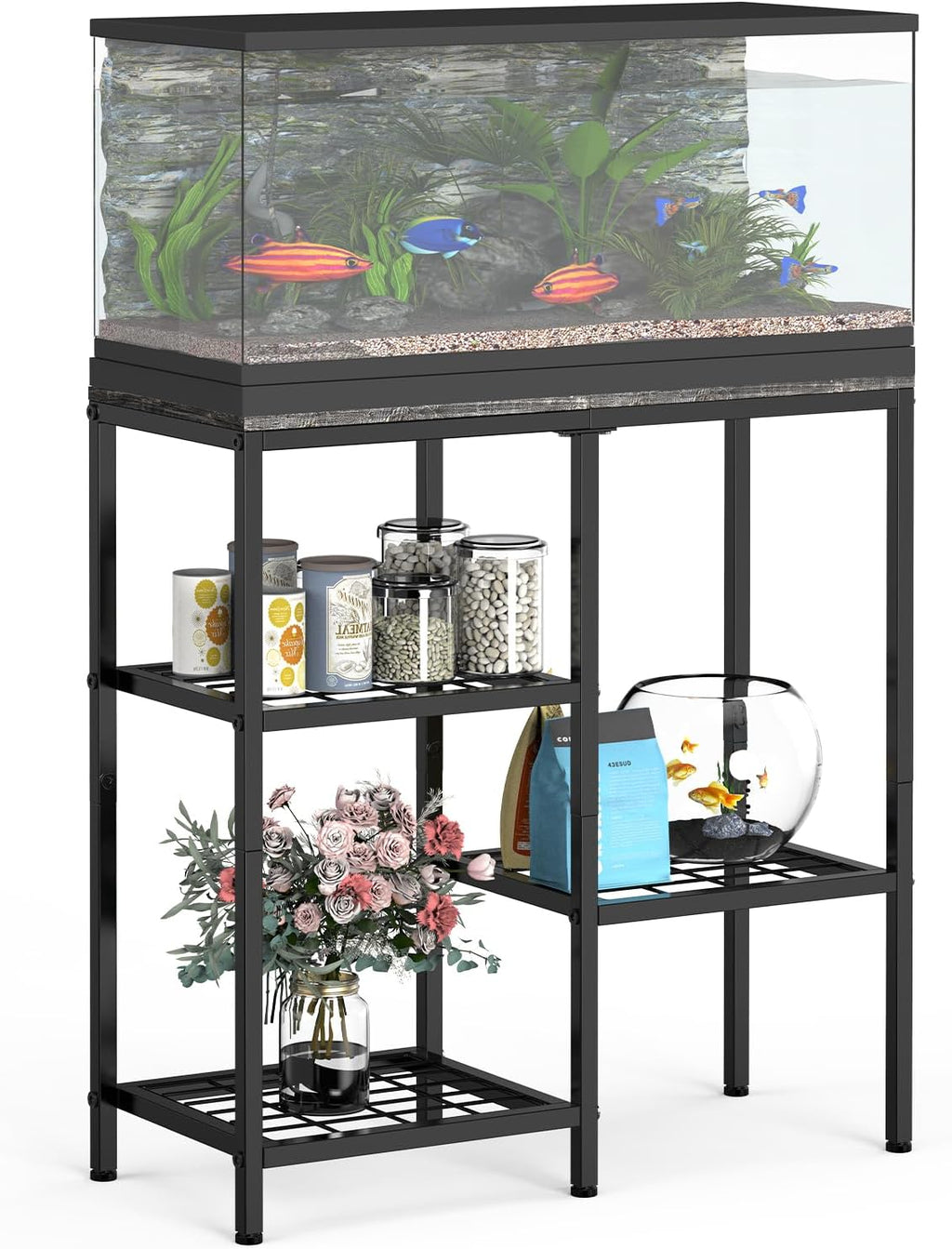 YBING Fish Tank Stand, 20 Gallon Aquarium Stand with Shelf, Metal Turtle Reptile Tank Stand, with 3 Small Mesh Shelves, 330 LBS Capacity Gray