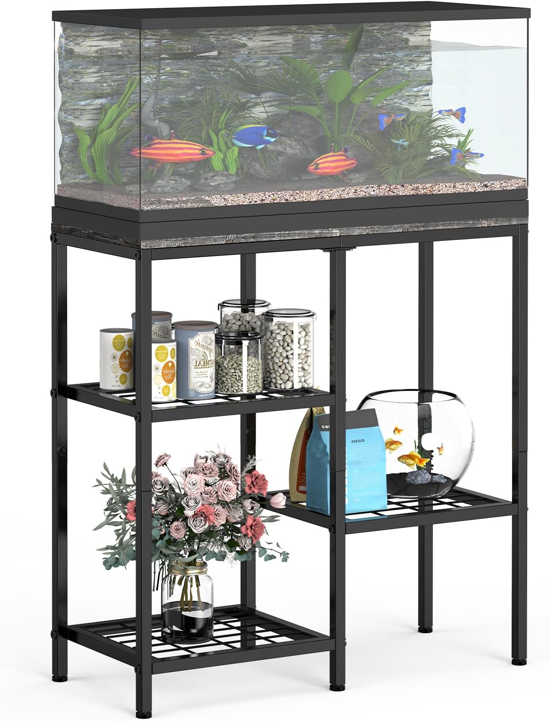 YBING Fish Tank Stand, 20 Gallon Aquarium Stand with Shelf, Metal Turtle Reptile Tank Stand, with 3 Small Mesh Shelves, 330 LBS Capacity Gray