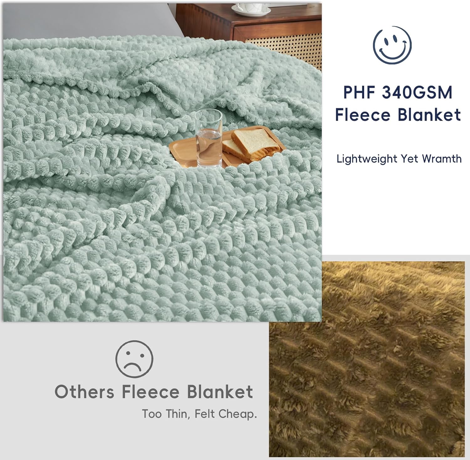 PHF Ultra Soft Flannel Fleece Throw Blanket, Lightweight 3D Jacquard Fleece Blanket, No Shedding, No Pilling, Luxury 340GSM Aesthetic Fluffy Cozy Throws for Couch Room Decor, 50"x60", Sage Green