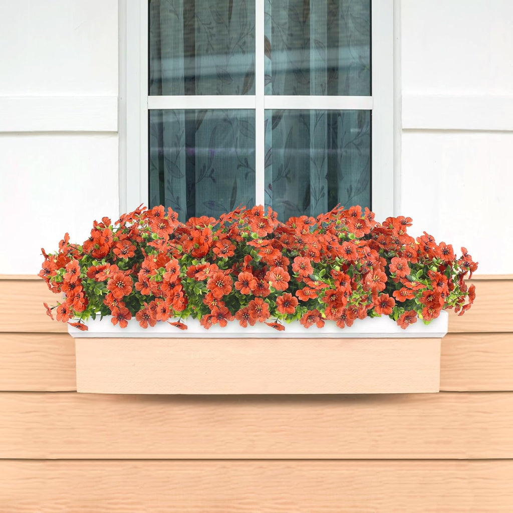12 Bundles Artificial Fall Flowers Faux Mums with Eucalyptus, Faux UV Resistant Outdoor Decor -Fake Flowers for Front Door Planter, Thanksgiving, Christmas - Spring, Summer, Fall, All Seasons(Orange)