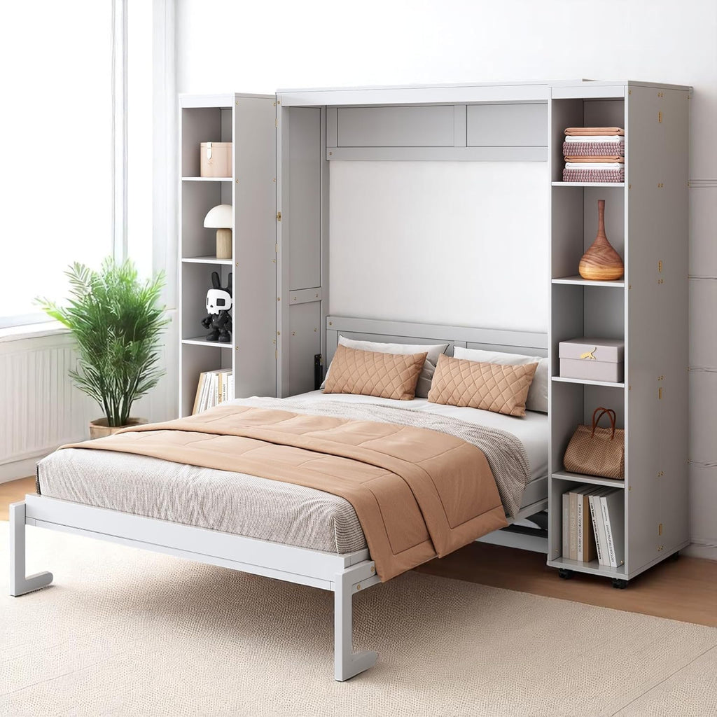 MERITLINE Queen Murphy Bed Cabinet with Storage Bookshelf Bookcase, Wood Hidden Foldable White Murphy Wall Bed with Storage Shelves for Adults