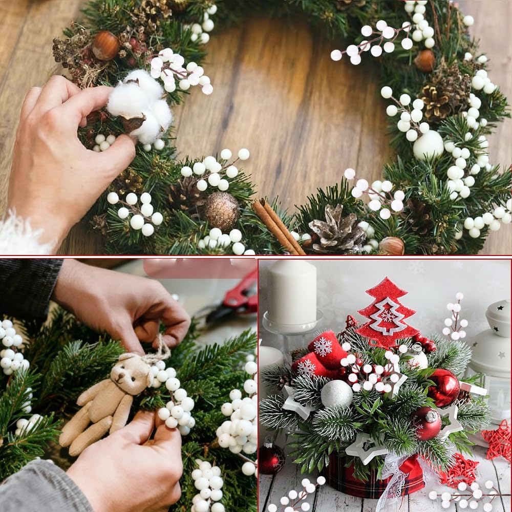 32 Pack Artificial White Berry Stems, Christmas White Berries Picks Holly Berry Branches for Christmas Tree Ornaments Xmas Wreath DIY Crafts Winter Holiday Home Decoration
