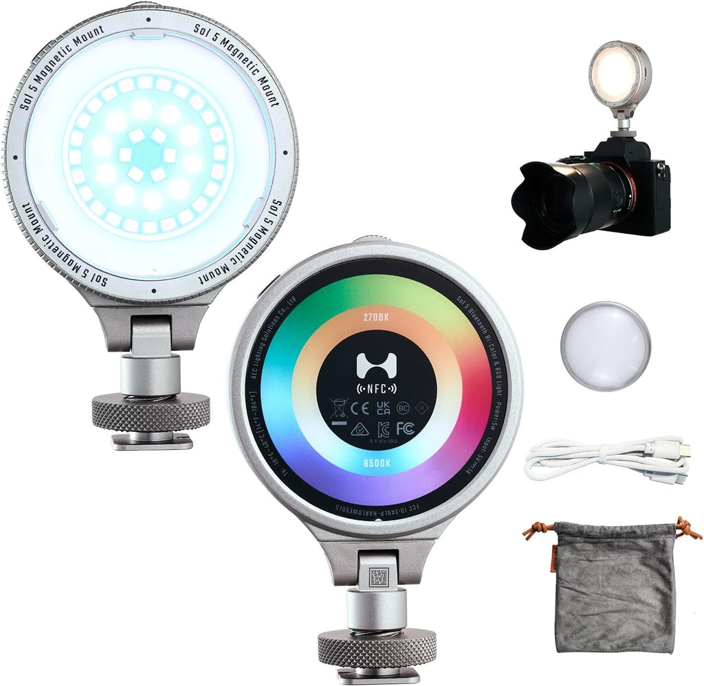 Harlowe Sol 5 Spectra On Camera Light Kit Portable Cold Shoe Mount RGBCW Camera Light 1700K-10000K CRI/TLCI 96+ 36000 Colors RGB Video Light with Touchpad and Magnetic Mount System