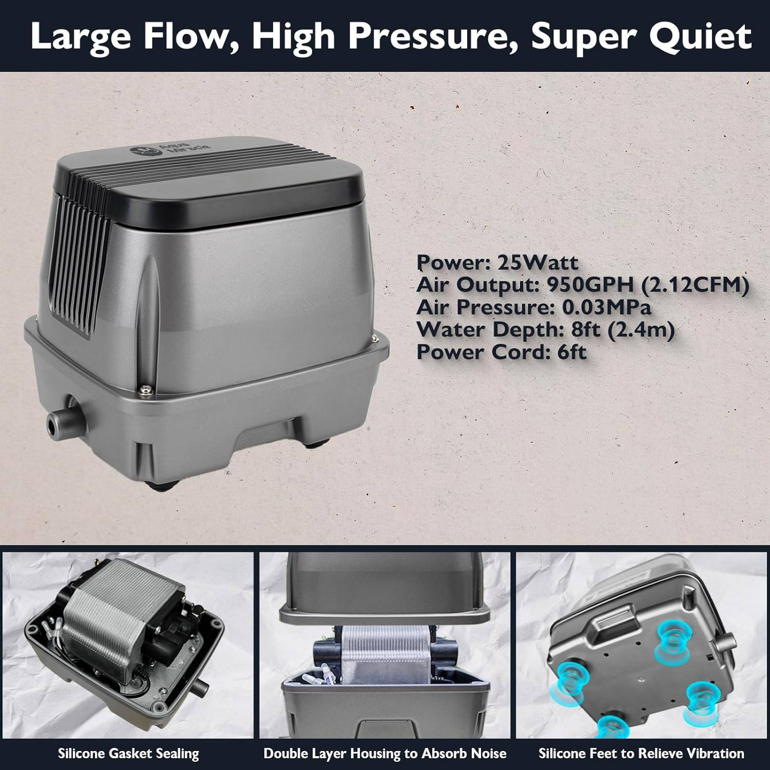 AquaMiracle Koi Pond Aerator Pond Air Pump for Outdoor Ponds 10000-15000 Gallons, All-in-One Aeration Kit with Self-Sinking Airline Flow Control Rubber Air Diffuser