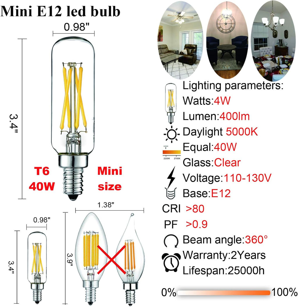 LiteHistory E12 led Bulb Dimmable 4W Equal 40W led Candelabra Bulb Daylight 5000K Clear T6 T25 E12 Edison Bulb for Ceiling Fan,Chandelier AC120V 400LM 6Pack