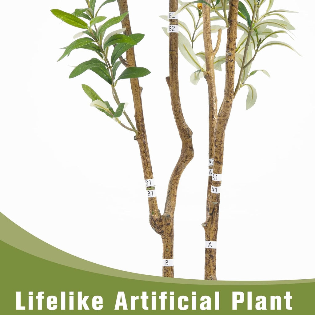 Artificial Fake Olive Tree 5FT Tall 1Pack with White Planter Faux Silk Olive Tree for Home Living Room Office Decor Faux Artificial Plants Indoor with Fruit & Free Moss