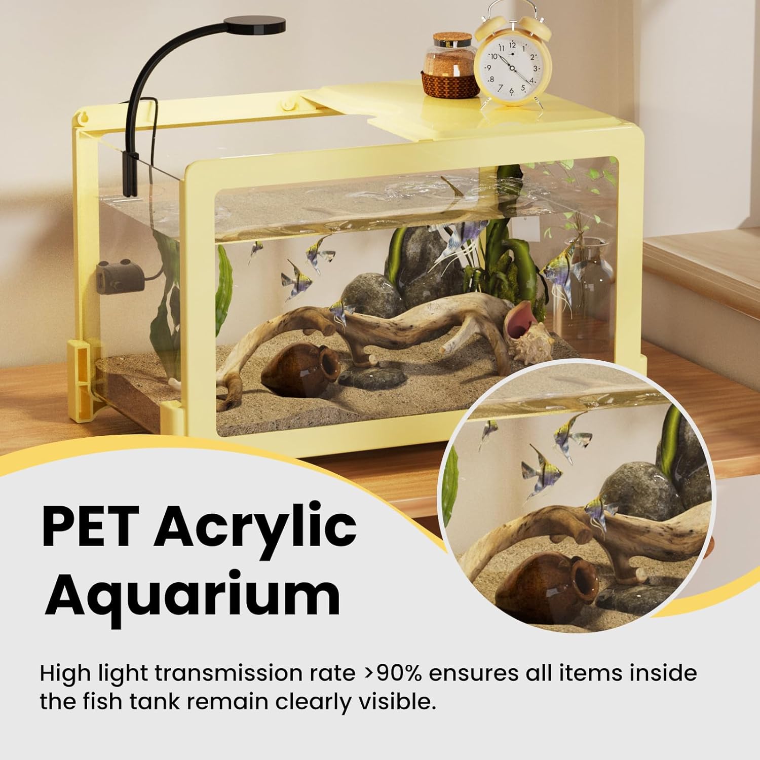 2.6 Gallon Plastic Fish Tank Ultra-Clear Shatterproof Desktop Small Aquarium Filters and Lights Can Be Installed for Betta/Goldfish/Shrimp and Aquatic Planting Fish Bowl (Yellow)