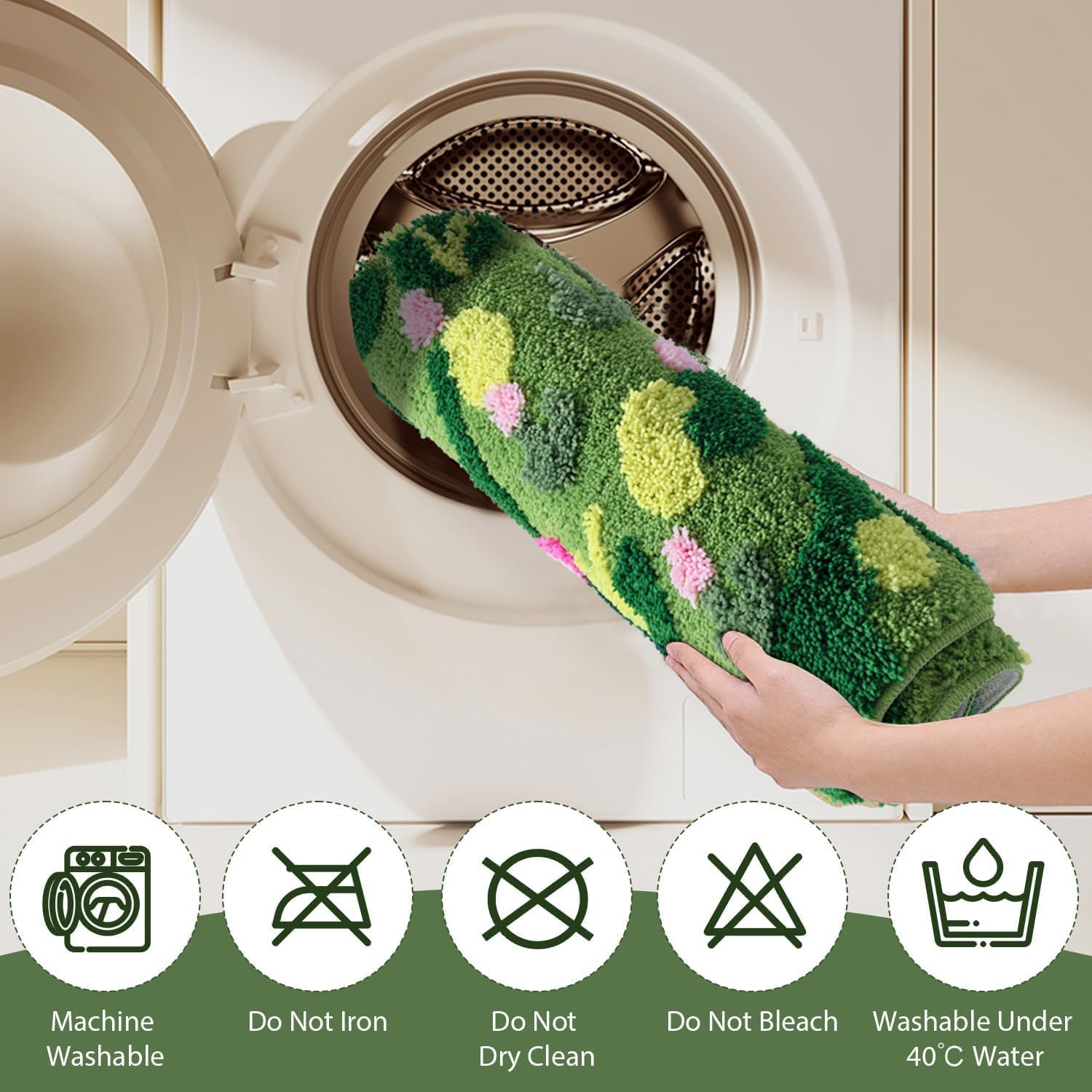 Green Floral Large Bathroom Rugs Bath Mat 3ft Non Slip Washable,3D Moss Rug Aesthetic Irregular Shaped Carpet for Bedroom,Tufted Rugs for Bedroom Dorm,Microfiber Grass Mat for Playroom Cute 40 X 20IN