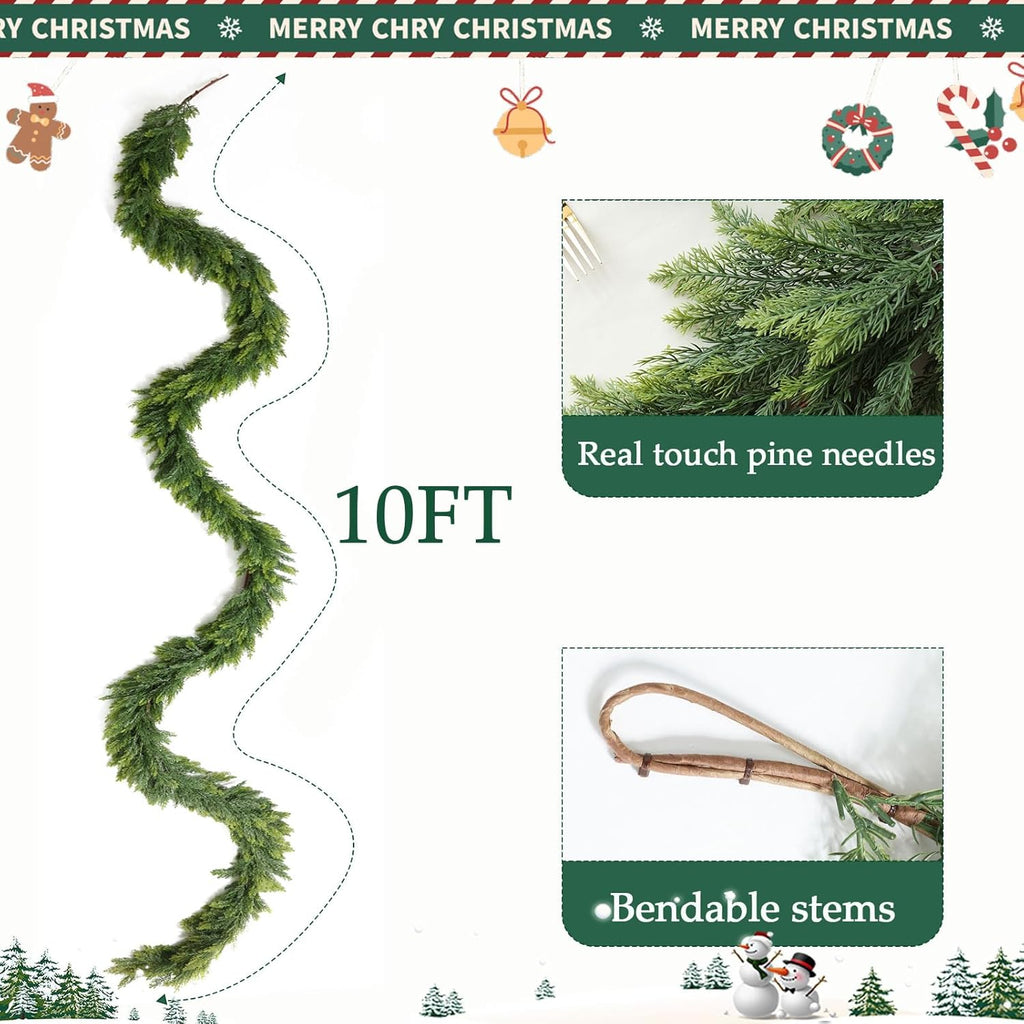 MIZII Christmas Garlands 10FT Thick Artificial Pine Garland Real Touch Green Faux Pines Vine Greenery Garland Christmas Decorations for Xmas Fireplace Mantle Home Decor Indoor Outdoor (Pine 10FT)