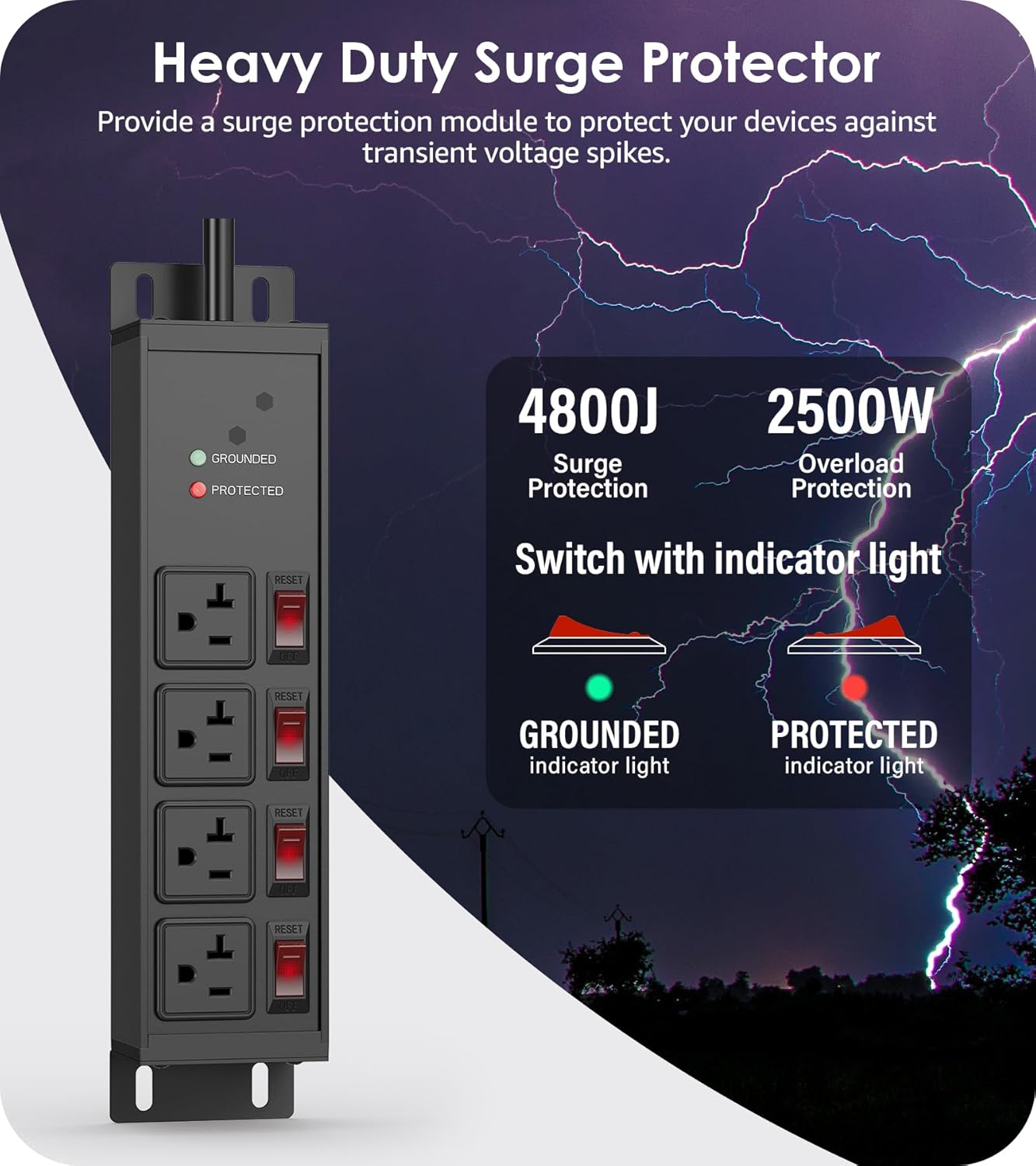 CCCEI Heavy Duty Surge Protector Power Strip 20 Amp Individual Switches. 20FT 12 Gauge Extension Cord with Multiple Outlets. Kitchen, Garage, Shop, Industrial Wall Mount Electric Extender, Black.
