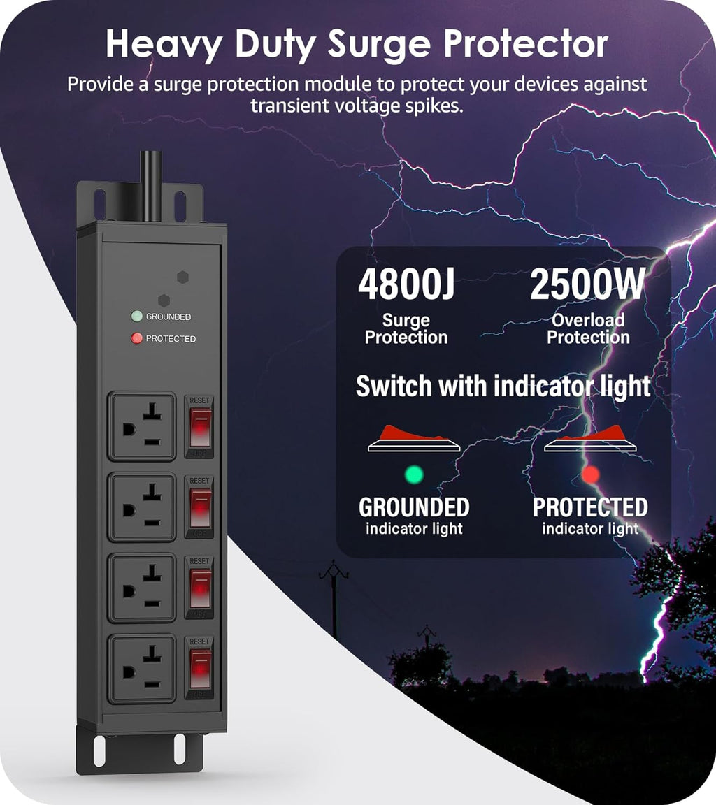 CCCEI Heavy Duty Surge Protector Power Strip 20 Amp Individual Switches. 15FT 12 Gauge Extension Cord with Multiple Outlets. Kitchen, Garage, Shop, Industrial Wall Mount Electric Extender, Black.