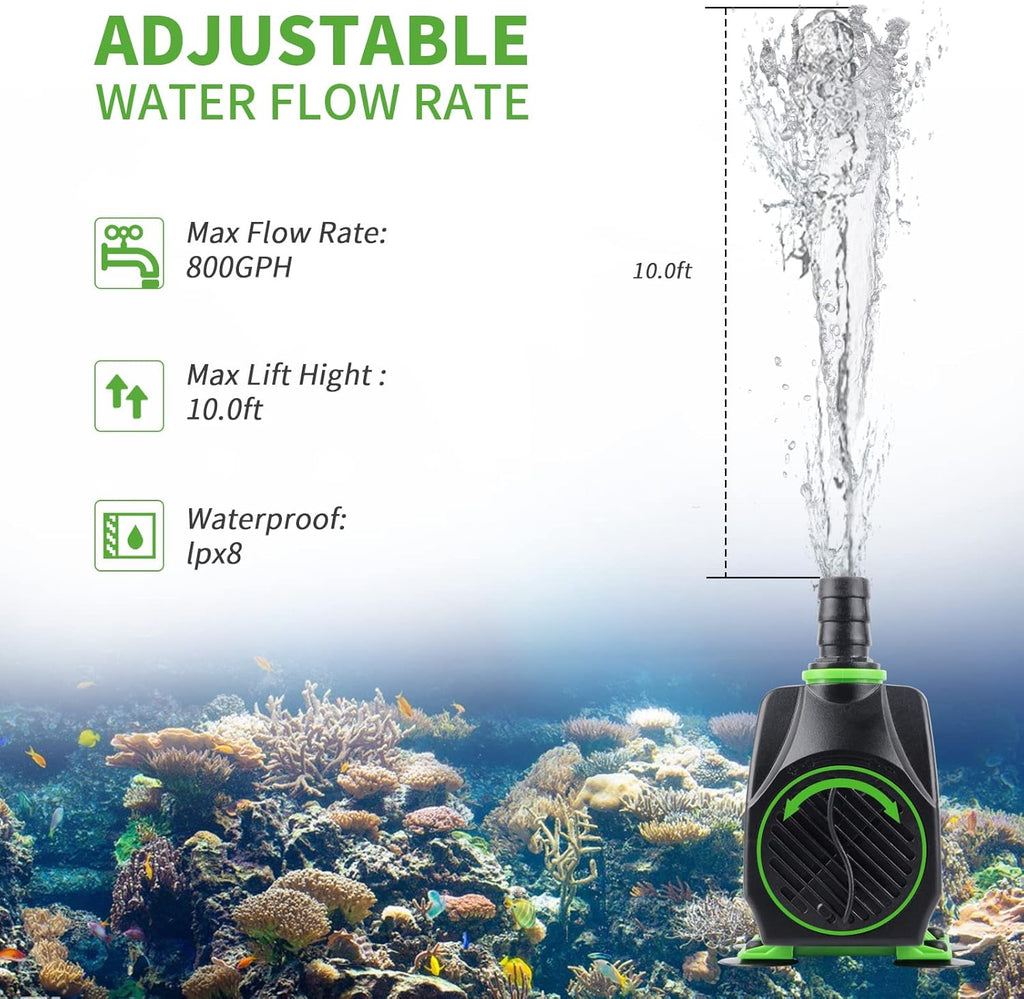 FREESEA Fountain Submersible Water Pump: 800GPH 45W Adjustable Ultra Quiet Aquarium Pump with 3 Nozzles 10ft High Lift for Small Pond | Fish tank | Waterfall | Outdoor | Hydroponics