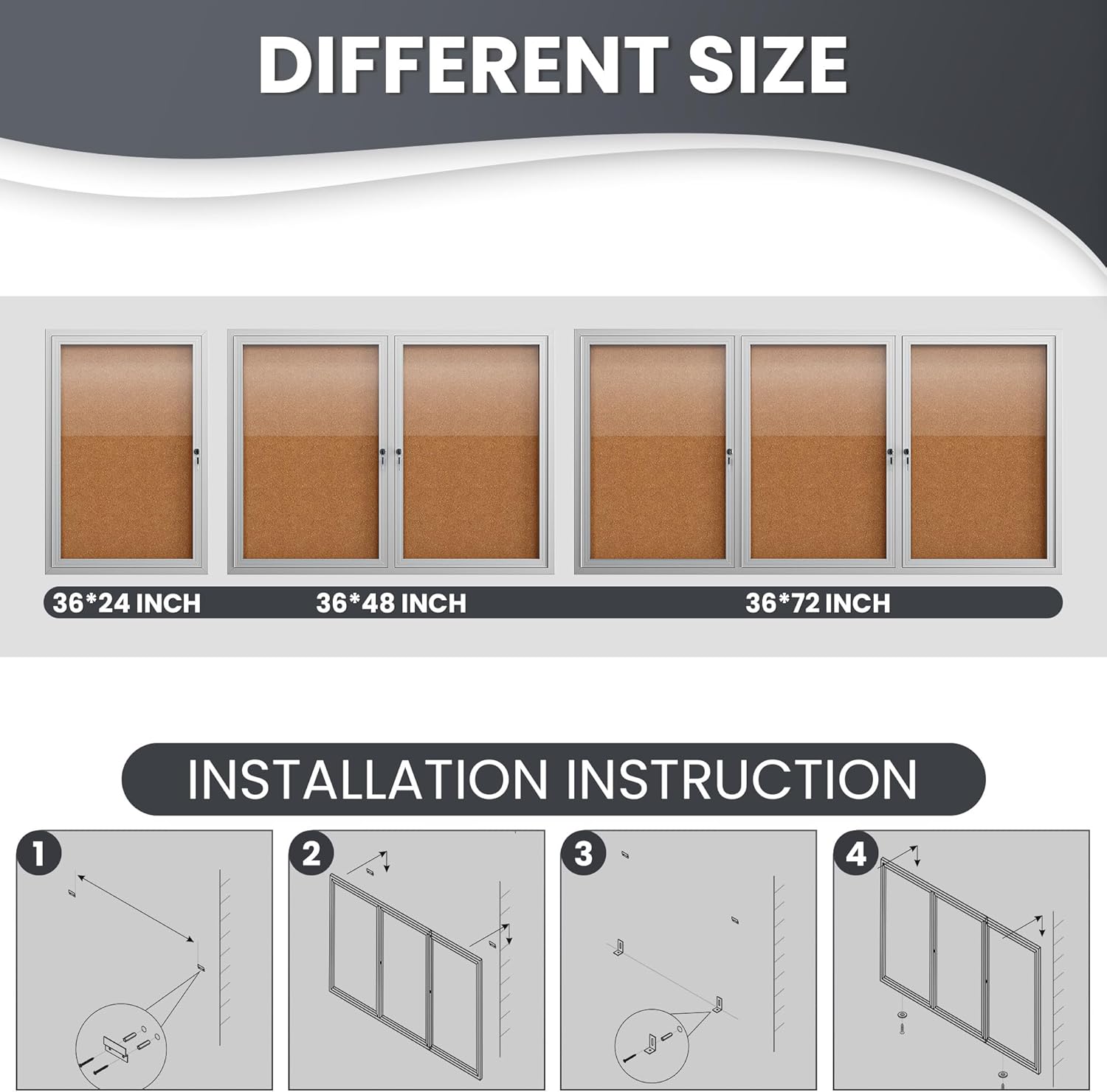 72"x36" Lockable Enclosed Bulletin Board, Outdoor Cork Weather-Resistant Aluminum Frame Notice Board, Wall Mounted Display Case Acrylic Doors for School,Office,Silver Frame w/Cork