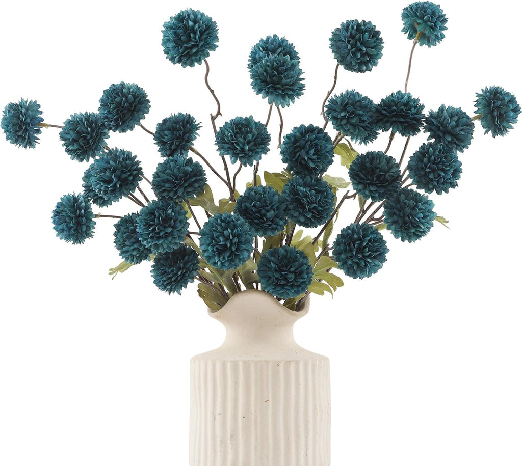 DuHouse 6pcs Artificial Flowers Faux Silk Pompon Mum,Silk Small Mini Chrysanthemum Ball with Stems for DIY Bouquets Centerpieces Vase Home Table Kitchen Decorations(Peacock Blue)
