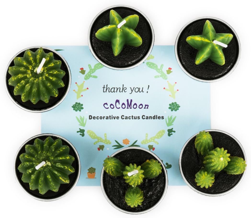 COCOMOON Cactus Tea Light Candles, 6 Pcs Decorative Candles with Artificial Succulents, Unscented, 30 min Burn Time, Modern Design, Perfect for Home Decor, Party, Wedding