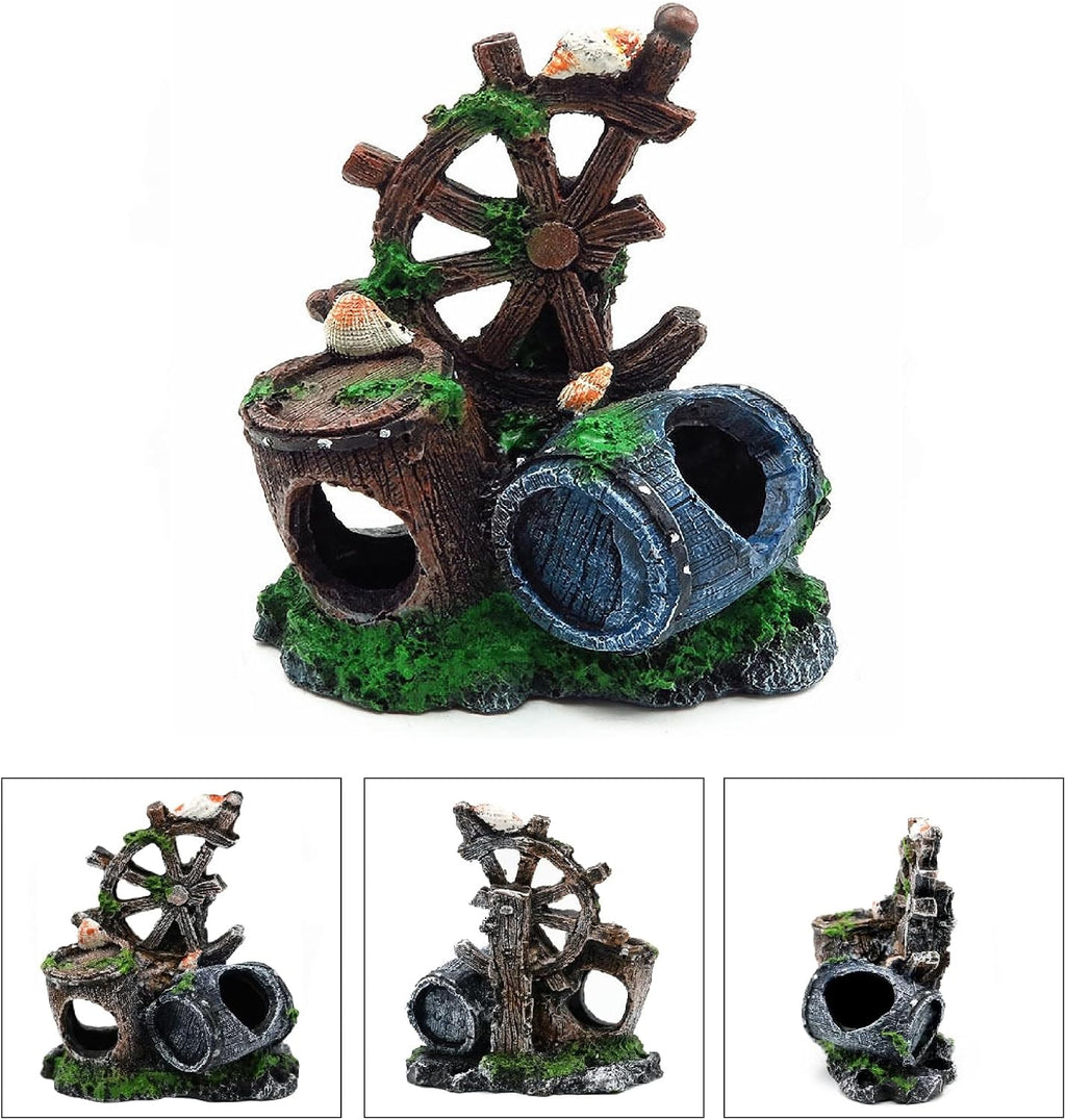 Mipukbay Fish Tank Decoration, Broken Ship Wheel & Cask Aquarium Decor Hiding Cave Ornament Landscaping Rock Resin Decoration