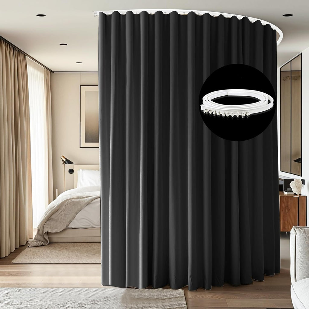 Room Divider Ceiling Mounted Curtains Track Sets Extra Wide Blackout Curtain Flexible Tracks for Bedroom Privacy Partition Separator, 1 Panel Black Drape and White Rail, W15 x H9ft