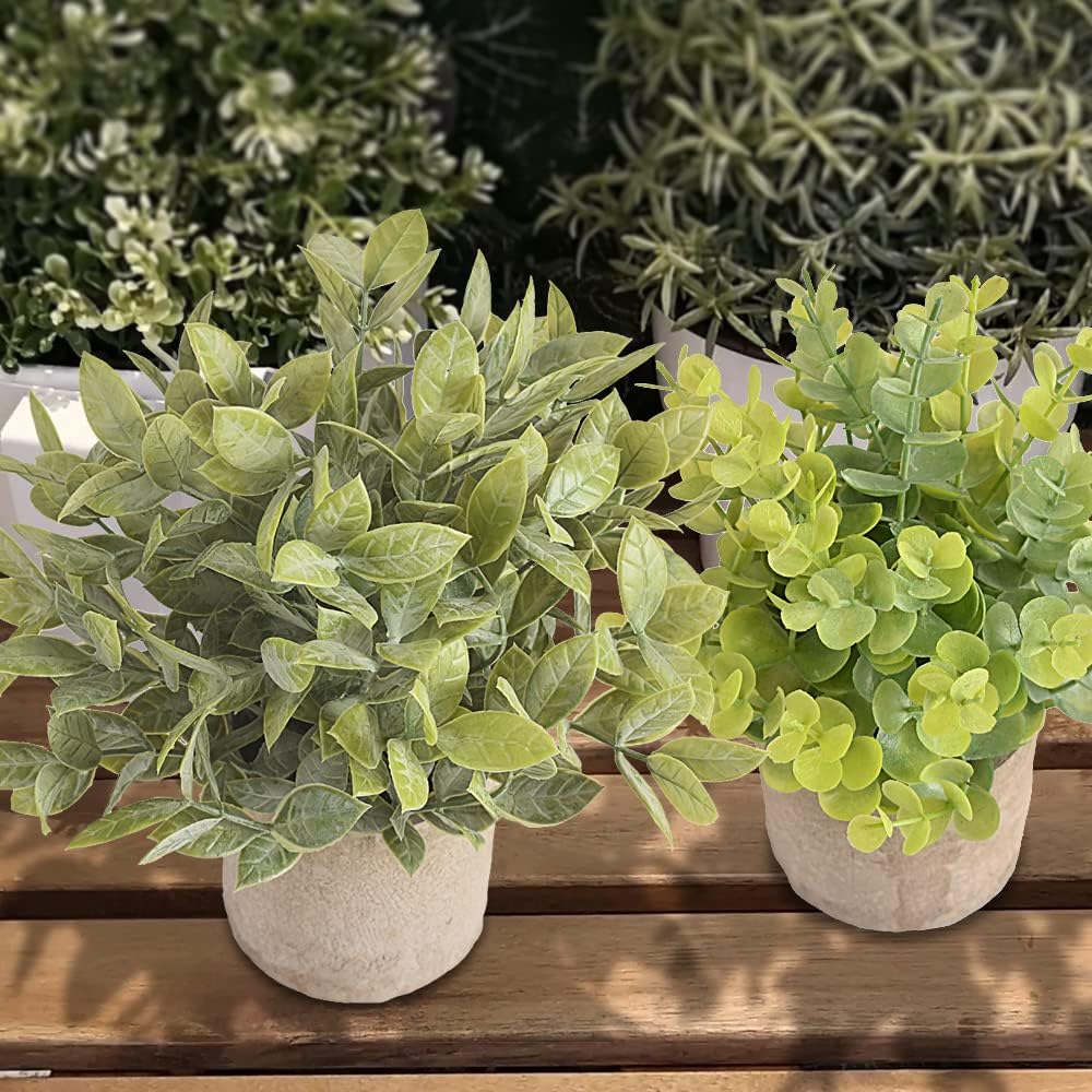 homEdge Artificial Mini Potted Eucalyptus, 3 Packs Artificial Plastic Plant Greenery with Pot for Home, Office Desk Decoration