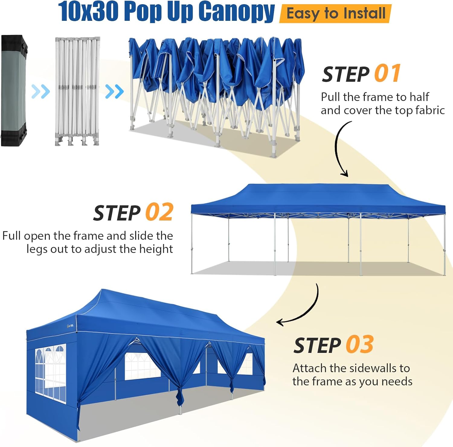 HOTEEL 10x30 Pop up Canopy Tent for Parties, Heavy Duty Easy Setup Tent with 8 Sidewalls, Outdoor Commercial Instant Gazebo for Wedding Event, with Portable Bag & Sand Bags, Blue(Hexagonal Frame)