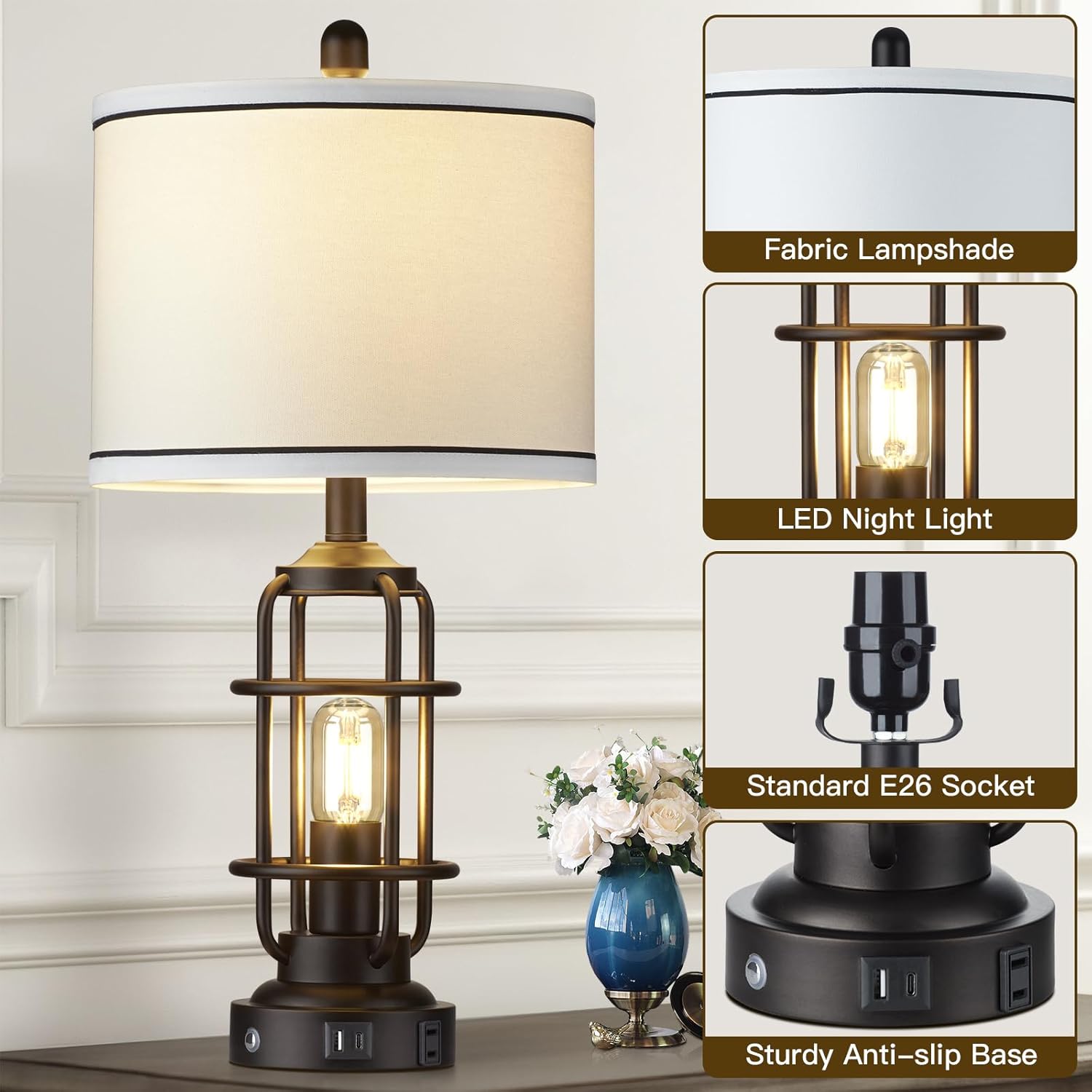 Modern Table Lamps, Industrial 3-Way Dimmable Bedside Lamp with USB A+C Ports & AC Outlet, Touch Control Rustic Nightstand Lamp LED Night Light for Living Room Bedroom Decor Home(4 Bulbs Included)