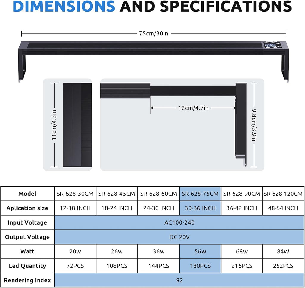 SEAOURA 24/7 LED Aquarium Light for 30-36 Inch Fish Tank, Auto On Off with Timer, 9 Colors, Adjustable Brightness, Daylight Moonlight Mode, Full Spectrum Fish Tank Light for Plants, 56W