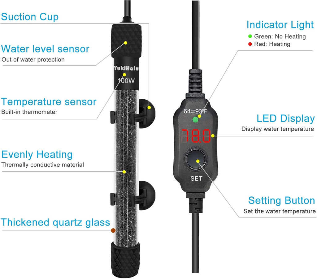 YukiHalu Small Submersible Aquarium Heater, Adjustable Mini Fish Tank Heater 25W 50W 100W 200W 300W with External Temperature Controller, LED Display, Used for 5/10/20/40/60 Gallons (100 Watts)