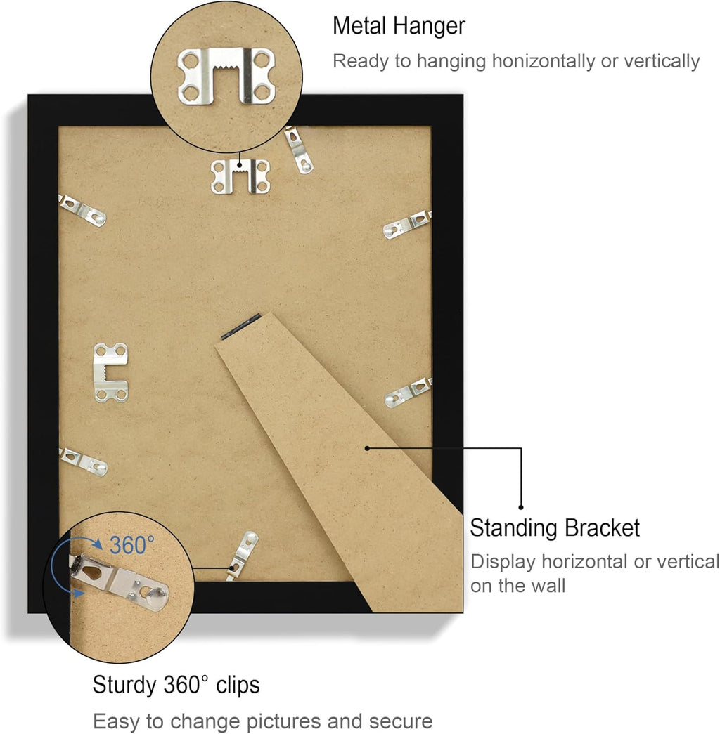 9x11 Picture Frame Set of 4, Made of Real Glass and Black Frame - Display Picture 7x9 with Mat or 9x11 Without Mat, 9 by 11 Photo for Wall or Tabletop