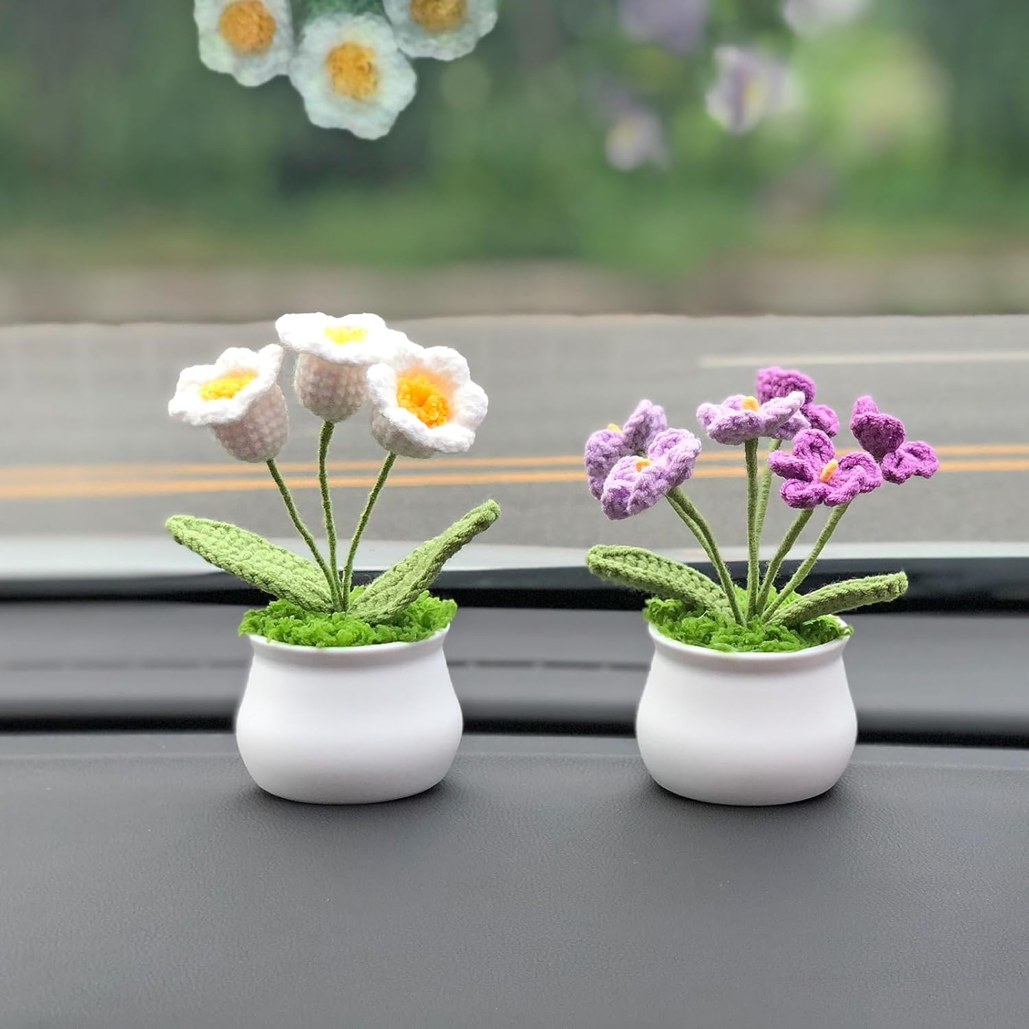 Crochet Flowers Cute Little Potted Flower, Gift for Birthday, Teacher’s Day, Graduation, Anniversary, Christmas, Decor for Car Dashboard,Home Office Decoration (White Lily of The Valley)