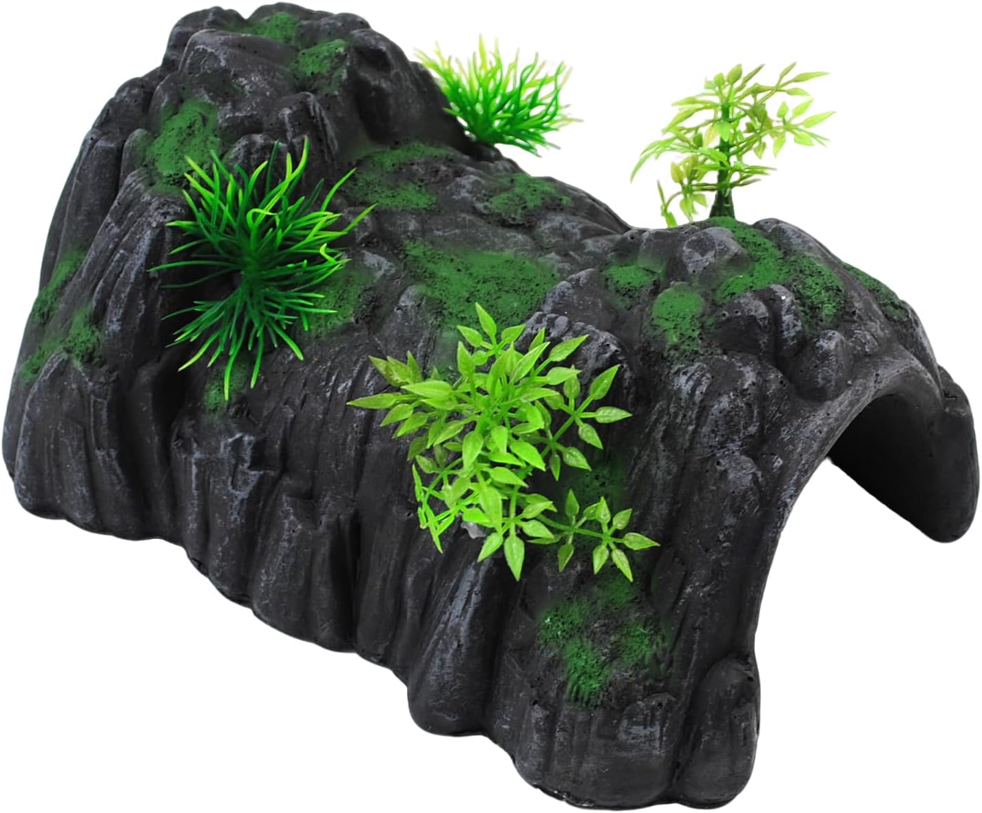 Fish Tank Hideout Cave Decor,Resin Rock Mountain Tunnel with Moss Plants Betta Cichlid Habitat Shelter for Aquarium Fish Tank Accessories 9.5 x 6 x 4 Inch