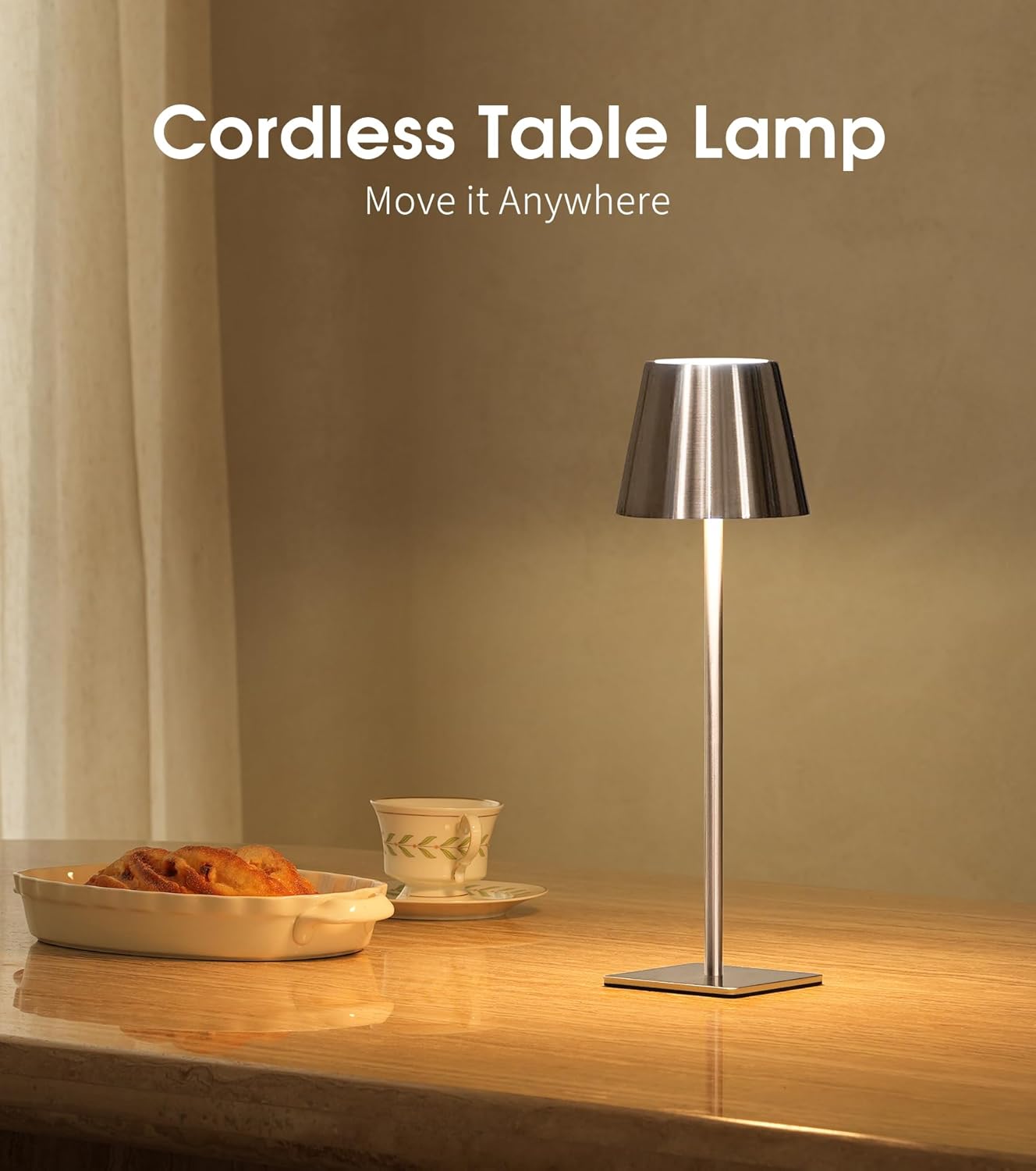 UME 3 Pack Cordless Table Lamp, Battery Operated Lamp - Portable Waterproof Rechargeable Table Lamp w/ 3 Color Temps & Stepless Dimming for Dinner, Desk, Cafe, Outdoor (Brushed Silver)