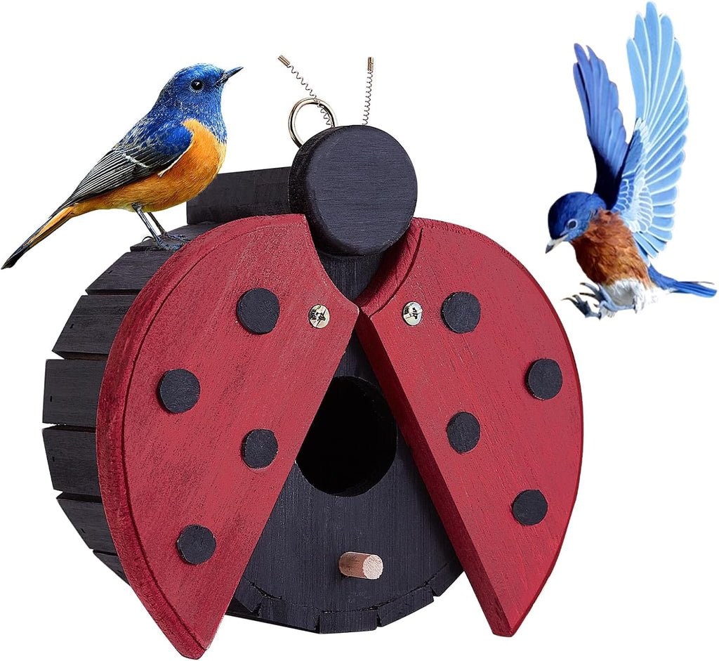 Bird Houses for Outside - Wooden Hanging Bird House - Ladybug-Shaped Birdhouse for Finches, wrens, Cardinals - Outdoors Bluebird Nesting Box - Cute Garden Decor for Wild Birds