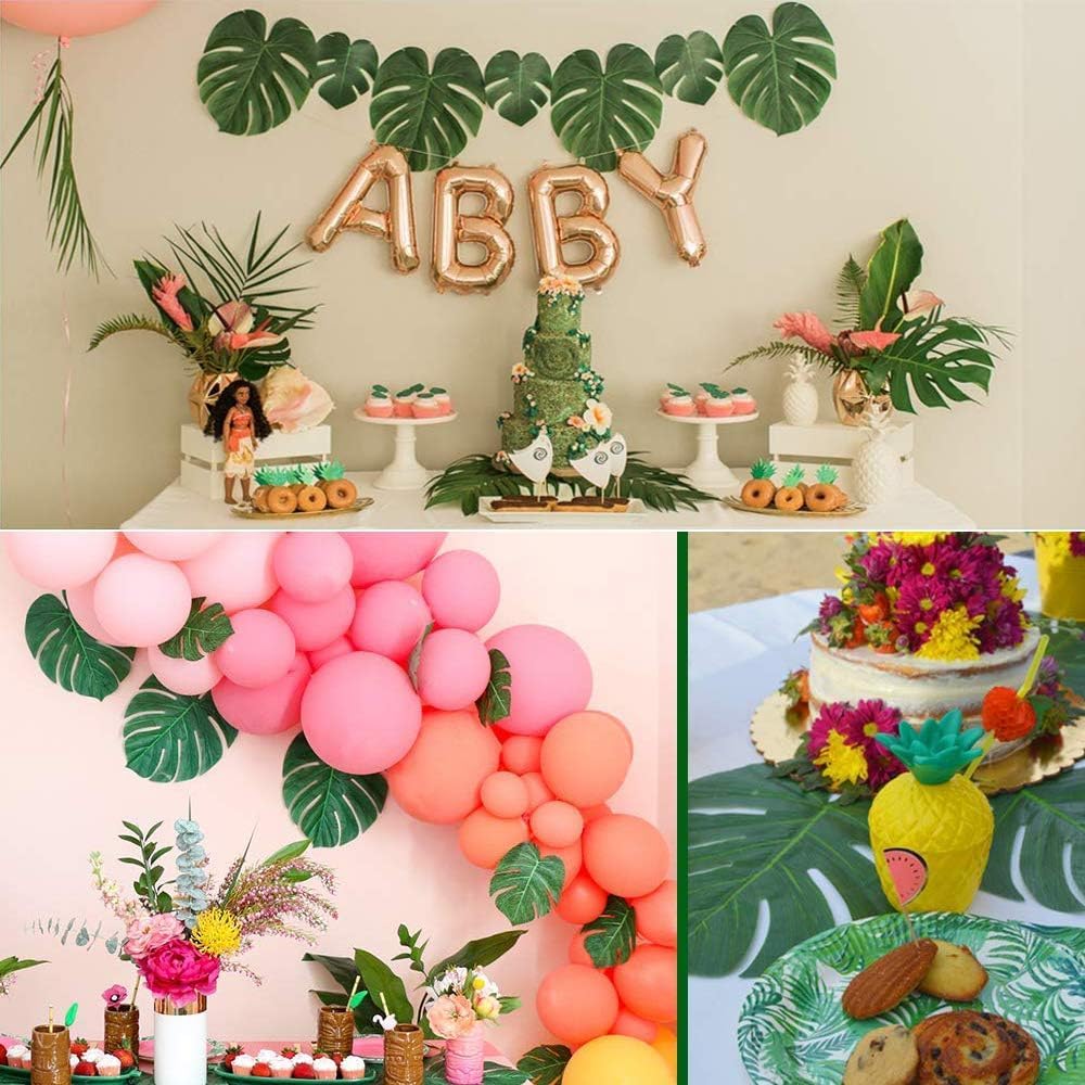 Artificial Palm Leaves, 50PCS Extra Large 14" Tropical Monstera Fake Leaves for Hawaiian Luau Jungle Safari Birthday WeddingTheme Party Table Wall Decorations,Bonus 3 Sheets/60pcs Dot Glues