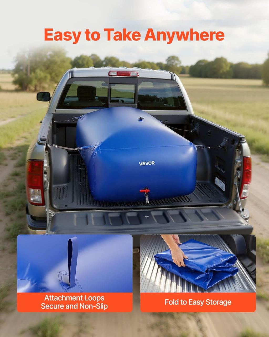 VEVOR Water Storage Bladder 264.2 Gallon Large Capacity Water Bag, Portable & Collapsible Soft Waters Container, Leakproof & Tear-Resistant PVC Emergency Waters Storage Tank for RV Truck & Outdoor Use