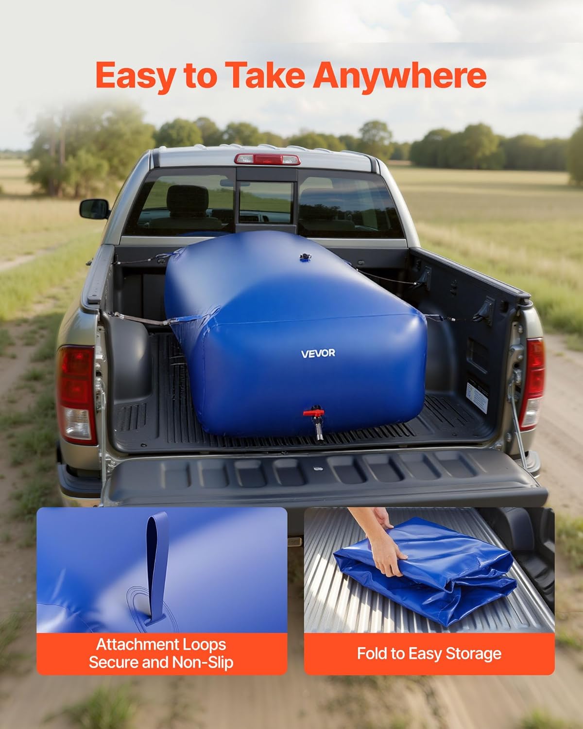 VEVOR Water Storage Bladder 264.2 Gallon Large Capacity Water Bag, Portable & Collapsible Soft Waters Container, Leakproof & Tear-Resistant PVC Emergency Waters Storage Tank for RV Truck & Outdoor Use