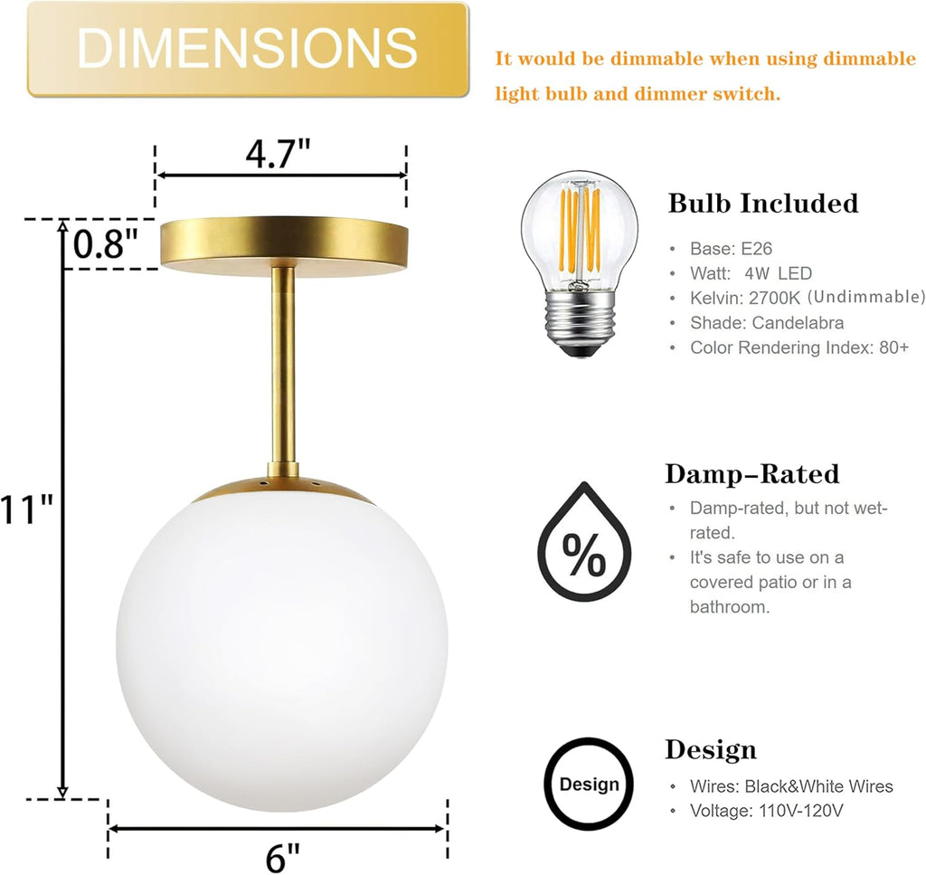 Mid Century Modern Globe Semi Flush Mount Ceiling Light Fixture Frosted Glass with Gold Brass Finish,1-Light Sphere Glass Pendant Lights for Aisle Porch Stairway Closet Kitchen Laundry Room(Bulb Incl)