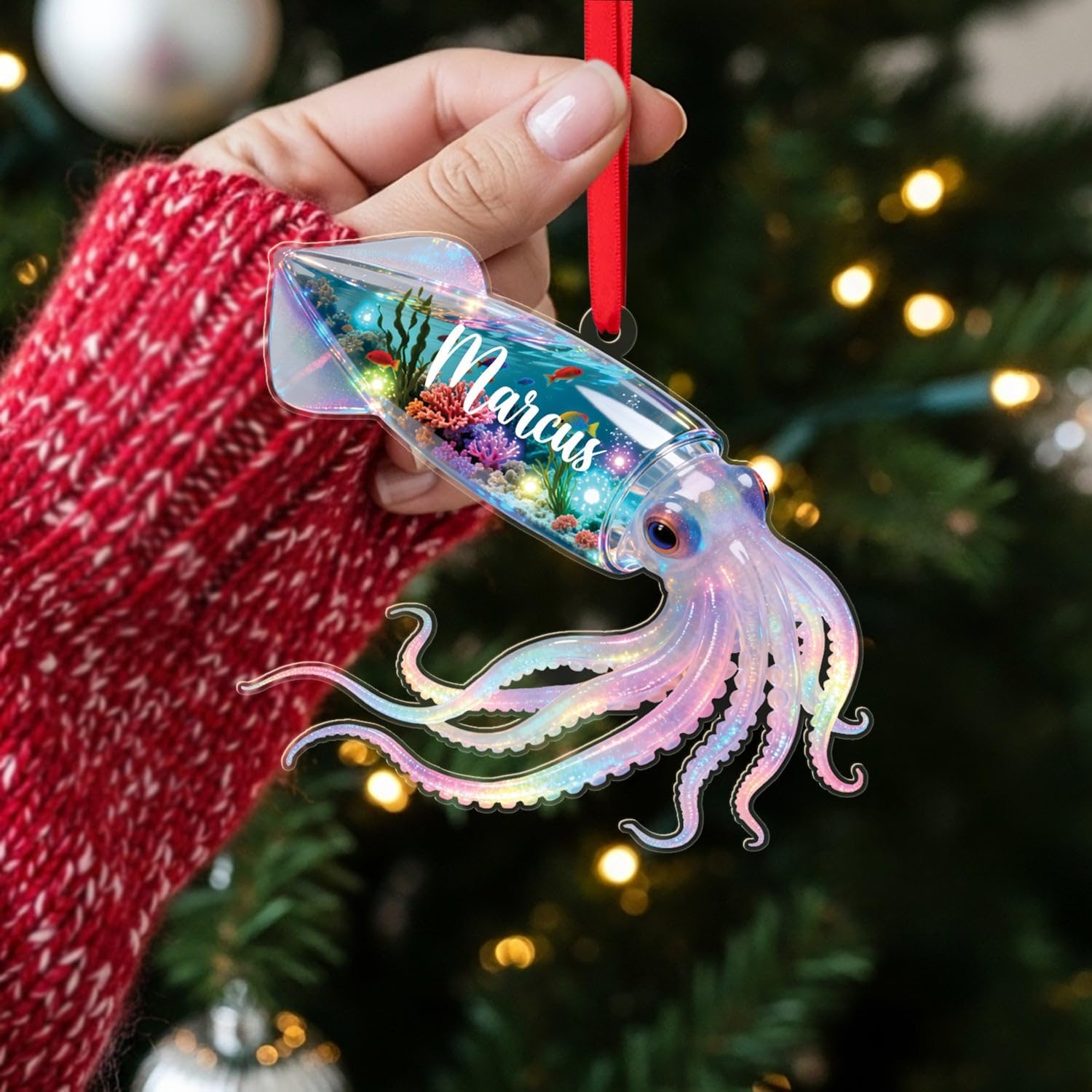 Personalized Squid 2D Flat Acrylic Ornament, Ocean Creature Holiday Keepsake, Squids Ocean Aquatic Ornament, Oceans Animal Gift for Marine Lovers, Custom Name Squid Christmas Ornaments 2025
