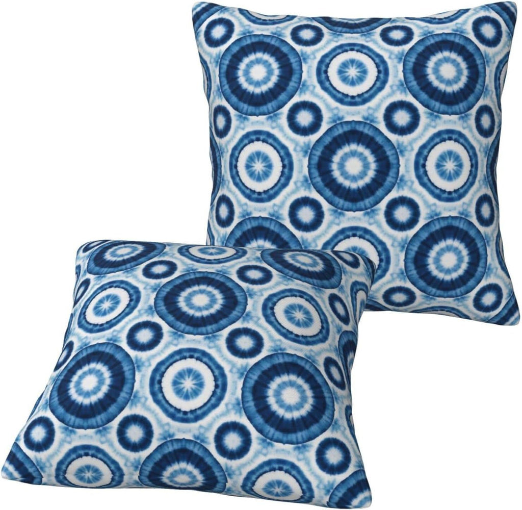 Boho Blue Tie-Dye Mandala Circle Throw Pillow Covers Set of 2 Ultra-Soft All-Season with Hidden Zipper,Durable for Sofa Bed Car Decor & Gift 18x18IN