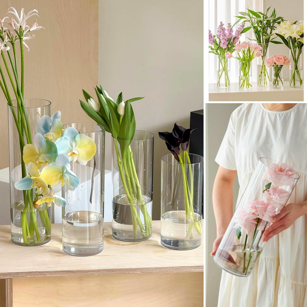 3 Clear Acrylic Cylinder Vase for Centerpieces, Tall Cylinder Plastic Hurricane Vases, Large Unbreakable Flower Vases for Wedding Bouquet (D 4.8", D 6" X H 15.8" +D 4" X H 12")