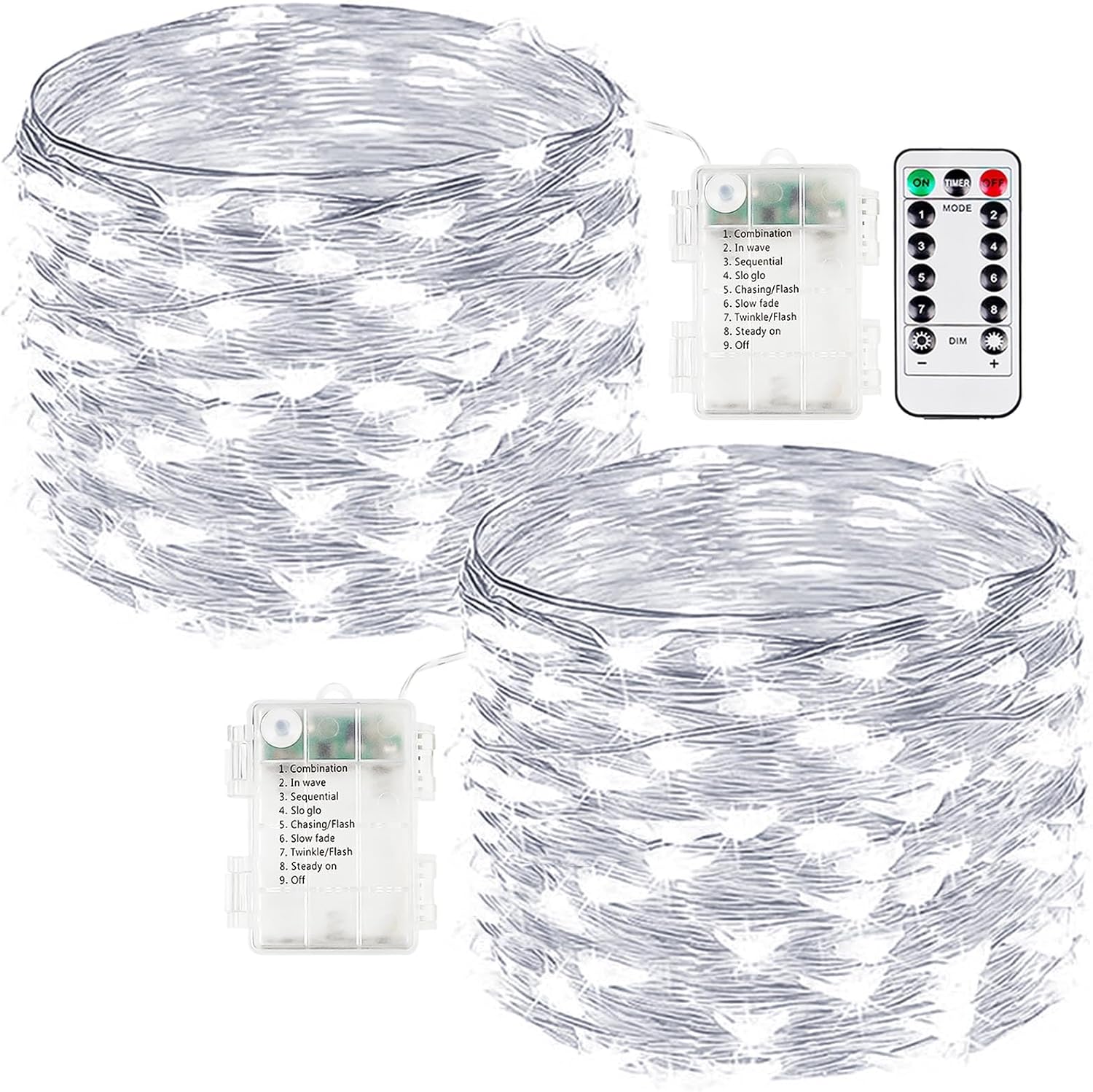 2-Pack Fairy Lights Battery Operated with Remote, Waterproof 33FT 100 LED Battery String Lights Outdoor Indoor, 8 Modes Twinkle Lights with Timer for Bedroom Wedding DIY Christmas Decor (Cool White)