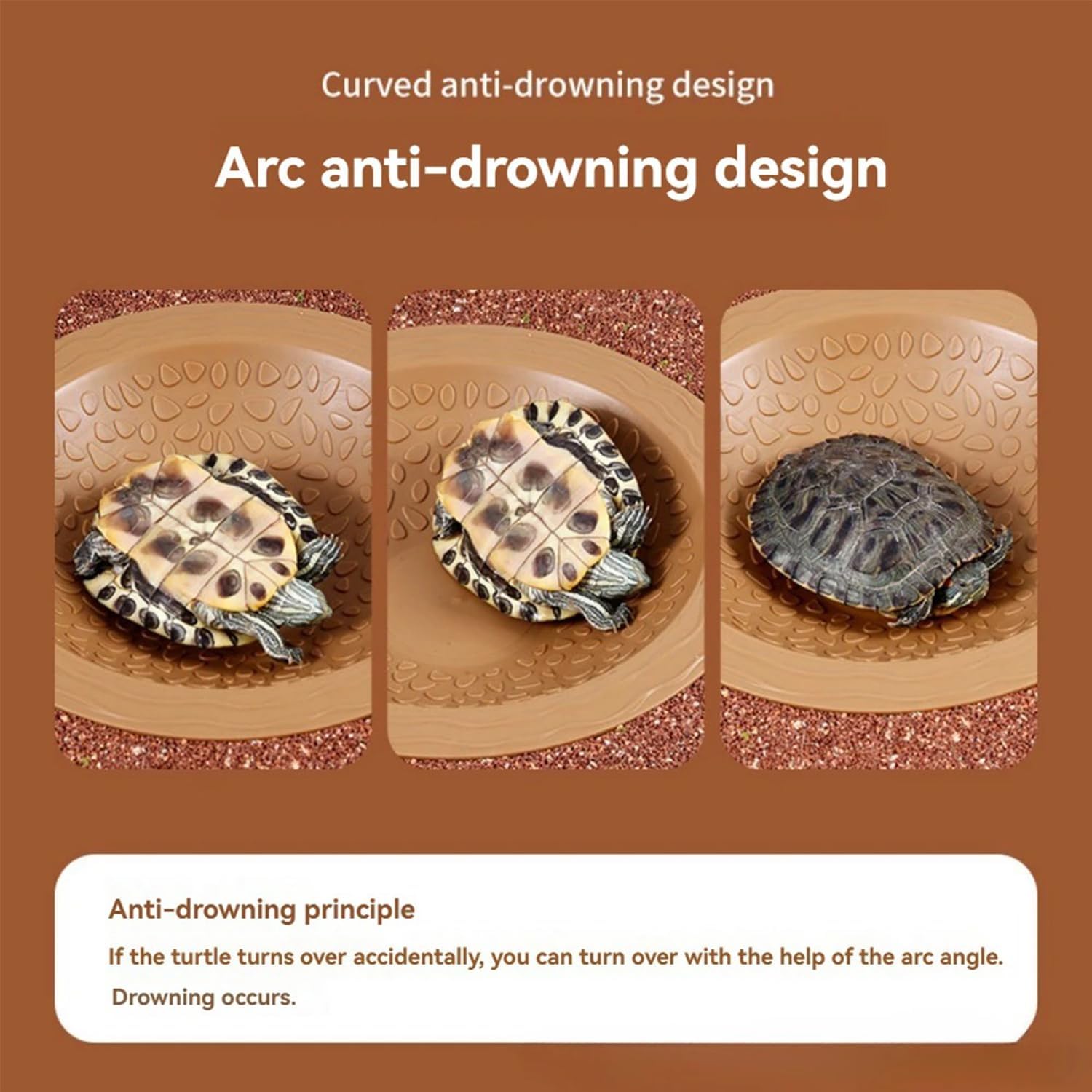 Flushbay Round Reptile Bathing Pool Reptile Feeding Dish Water Bowl with Ramp Aquarium Ornament for Gecko, Snake, Turtle, Bearded Dragon, Lizard Bath (Brown-Yellow)